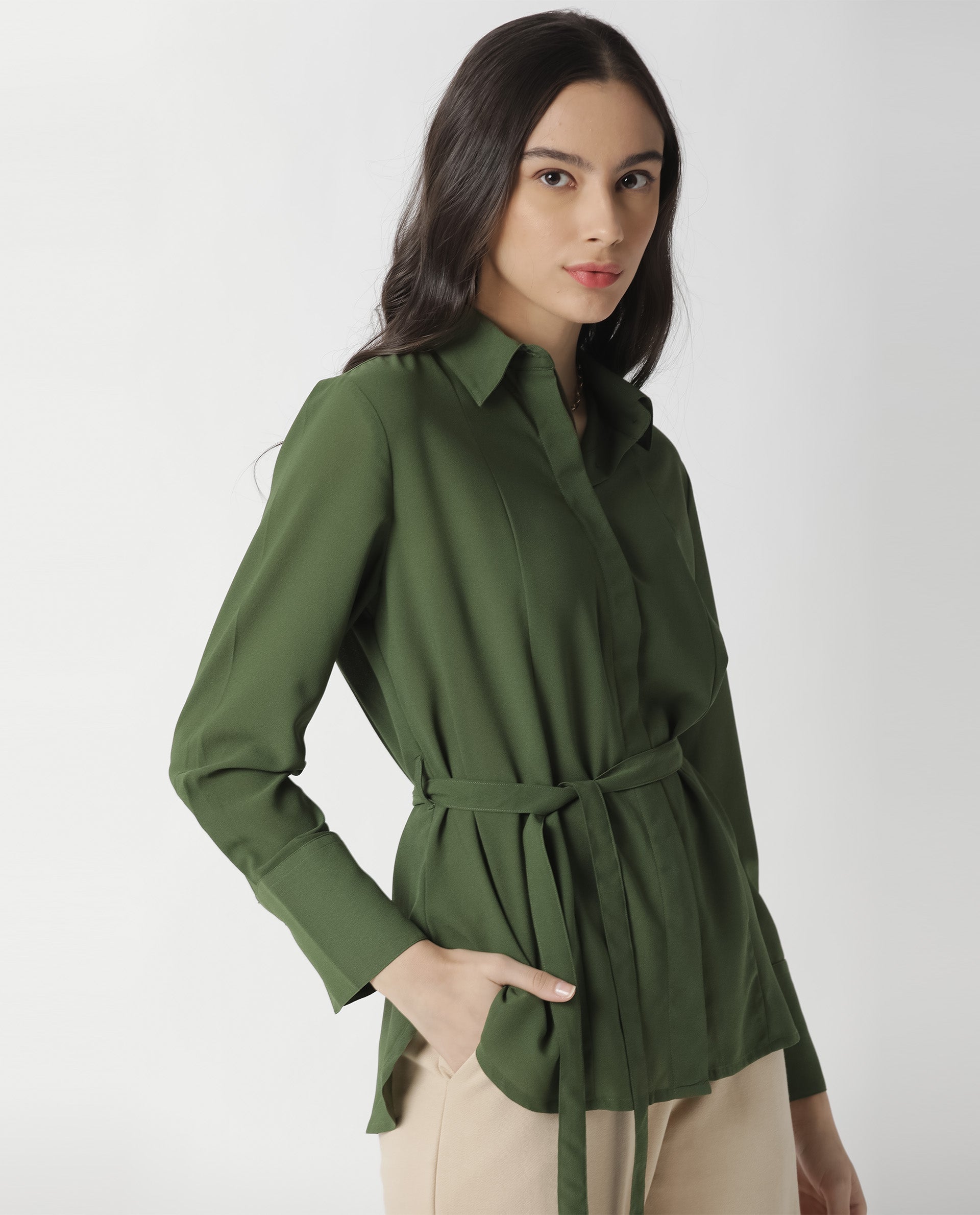 Rareism Women Mould Green Top Full Sleeves Solid
