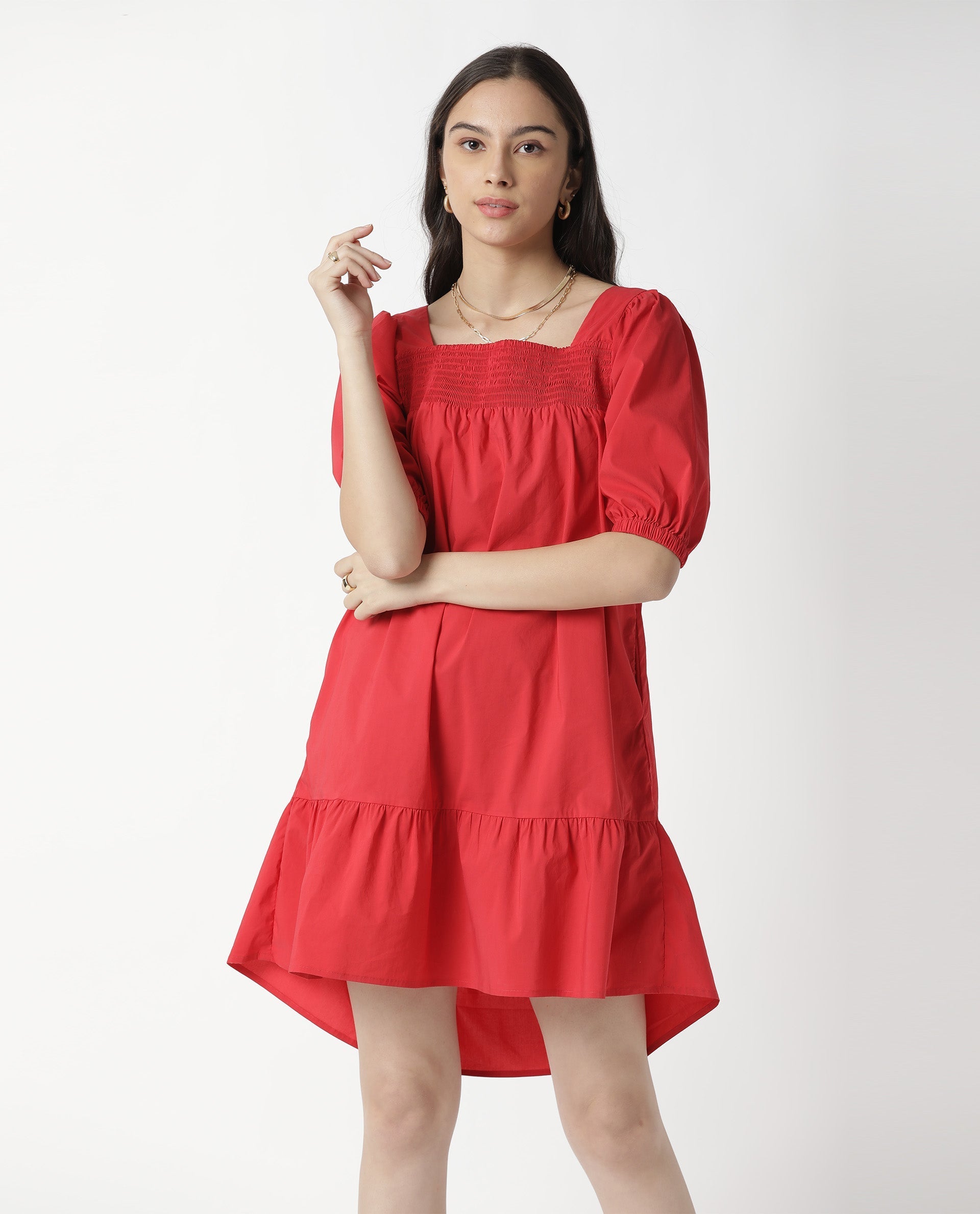 Rareism Womens Catchy Red Dress Cotton Lycra Fabric Relaxed Fit Puff Sleeves Square Neck
