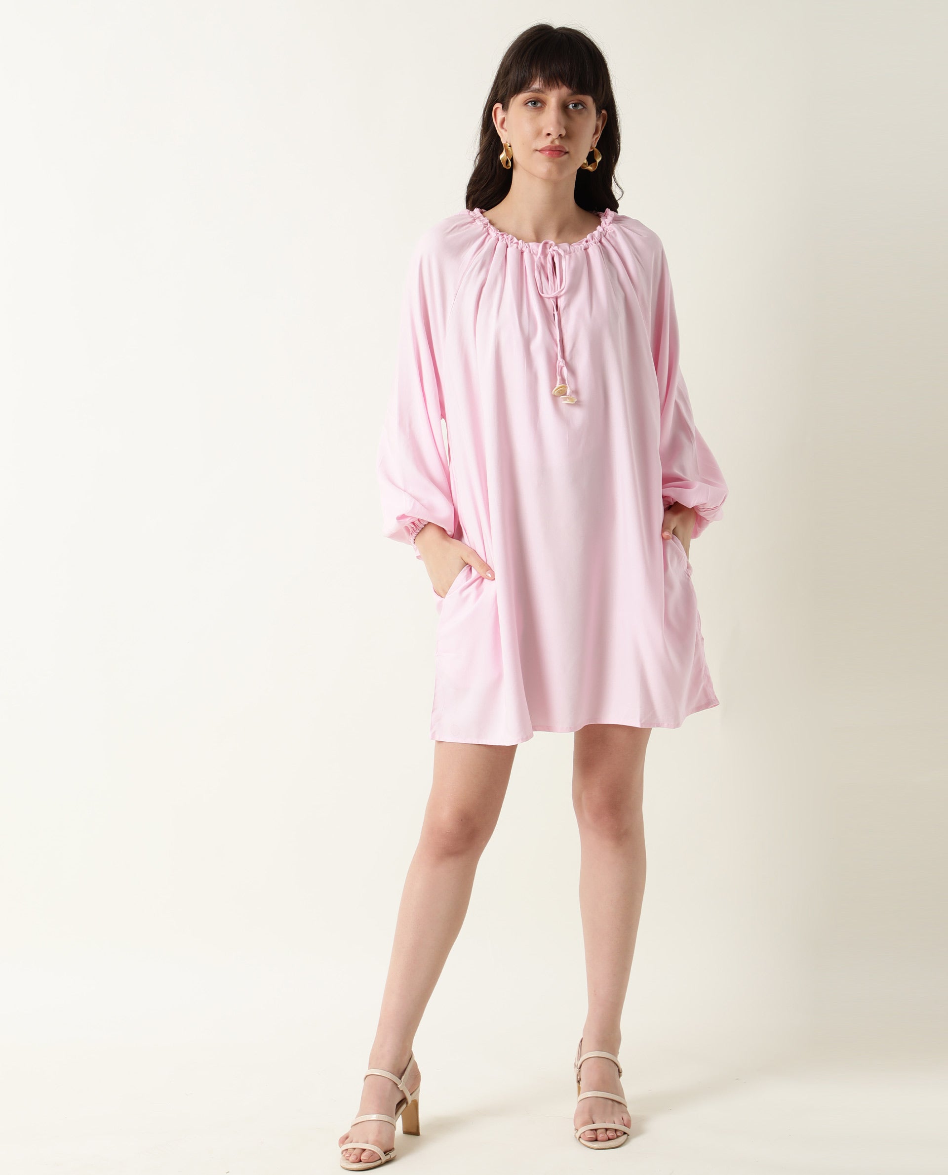 Rareism Women's Mason Pink Viscose Tie-Up Neck Plain Volume Sleeve Mini Relaxed Fit Dress