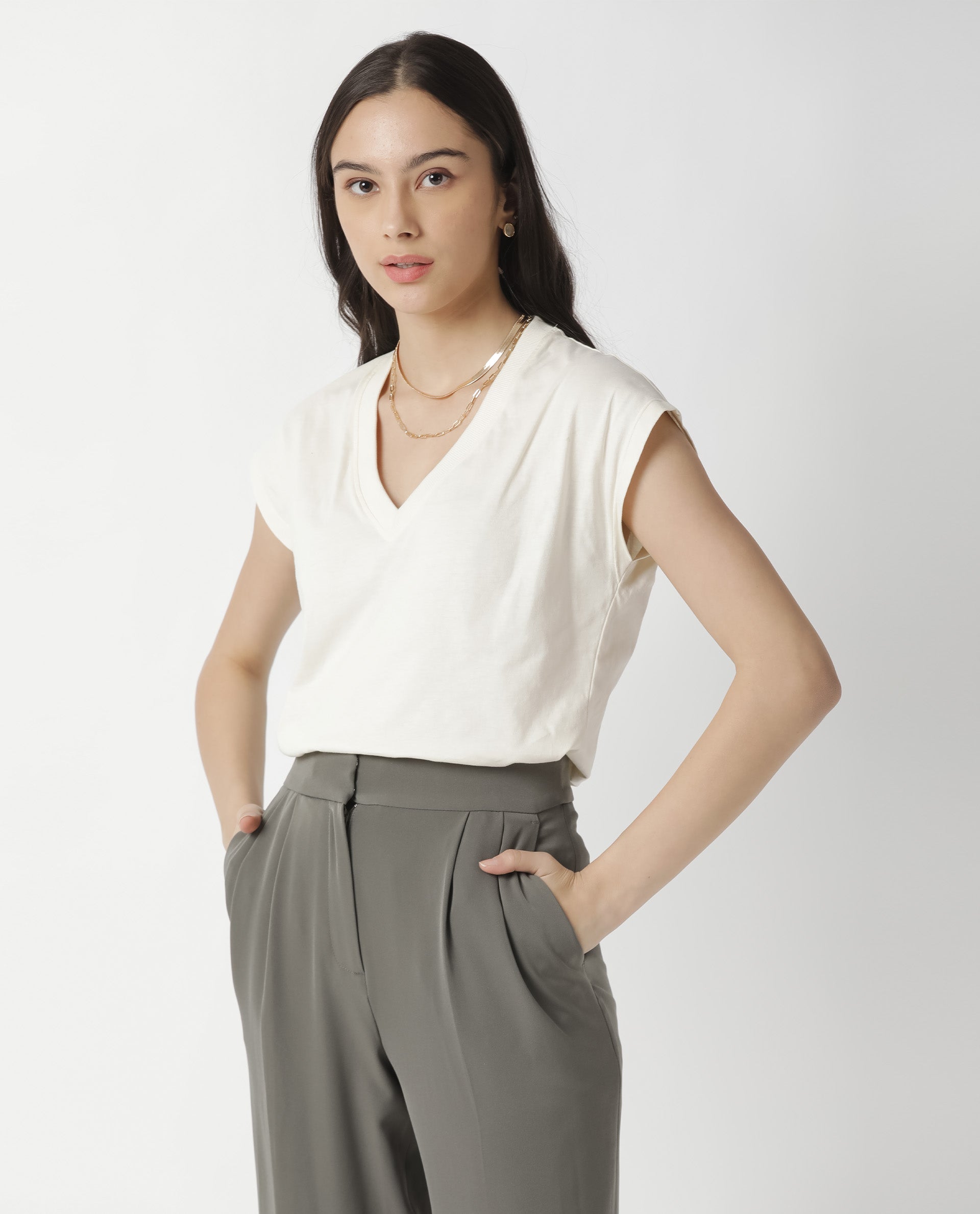 Rareism Women Debra Off White Cotton Fabric Regular Fit Half Sleeves Solid Crew Neck T-Shirt