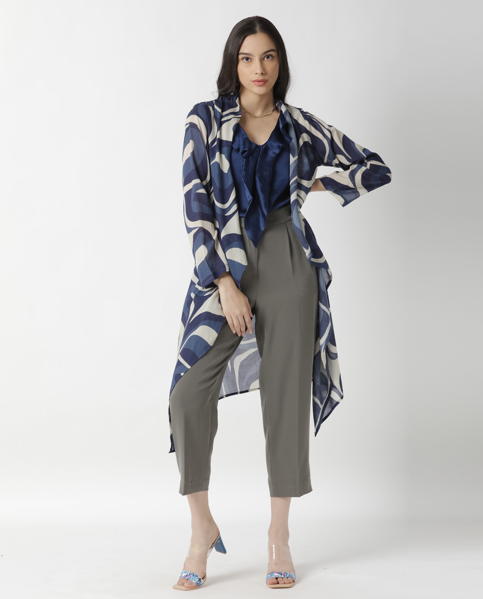 Rareism Women Bohem Blue Overlayer Full Sleeves Printed