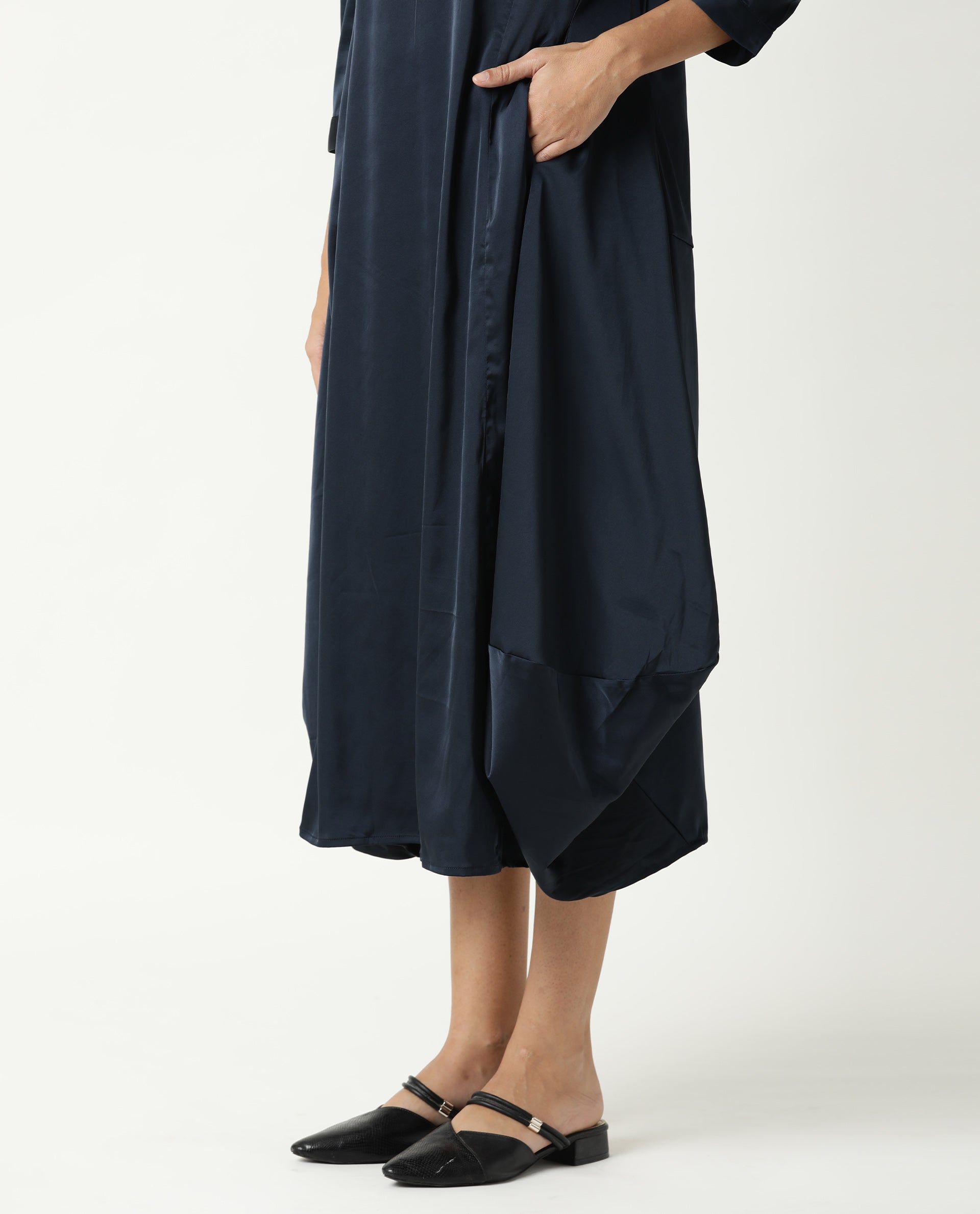 Rareism Womens Drella Navy Dress Modal Lycra Fabric Regular Fit Half Sleeve Lapel Neck