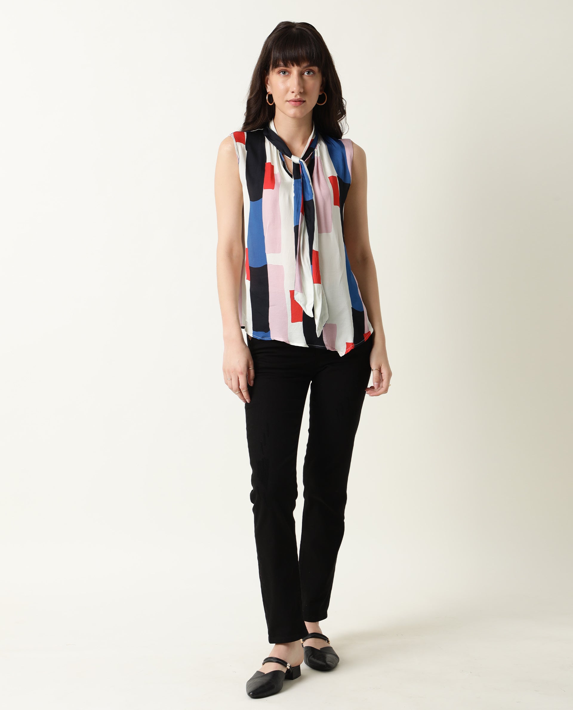 Rareism Womens Jazzes White Top Modal Satin Fabric Regular Fit Sleeveless Tie Up Neck