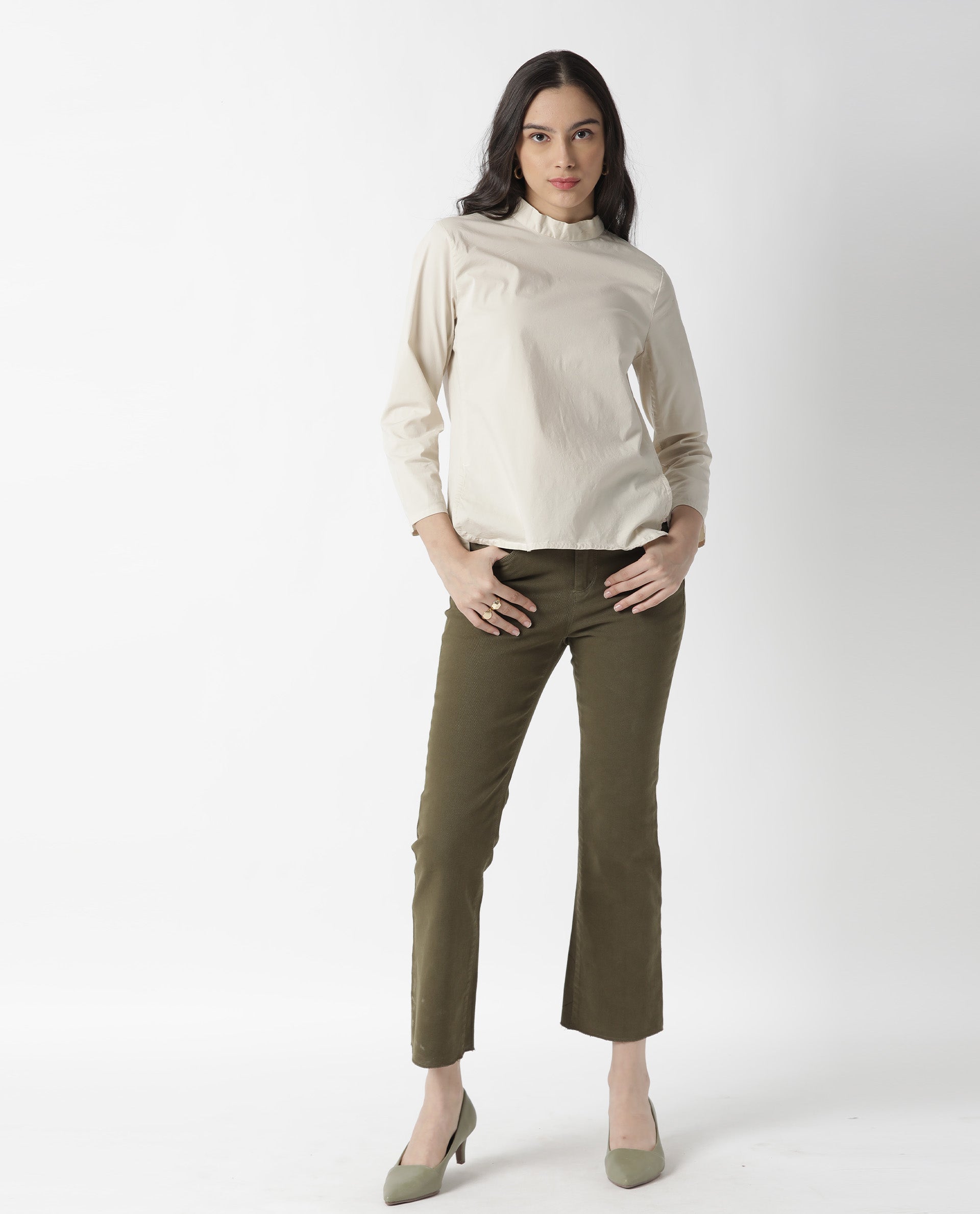 Rareism Womens Monet Beige Top Cotton Lycra Fabric Regular Fit 3/4 Sleeve Collared Neck