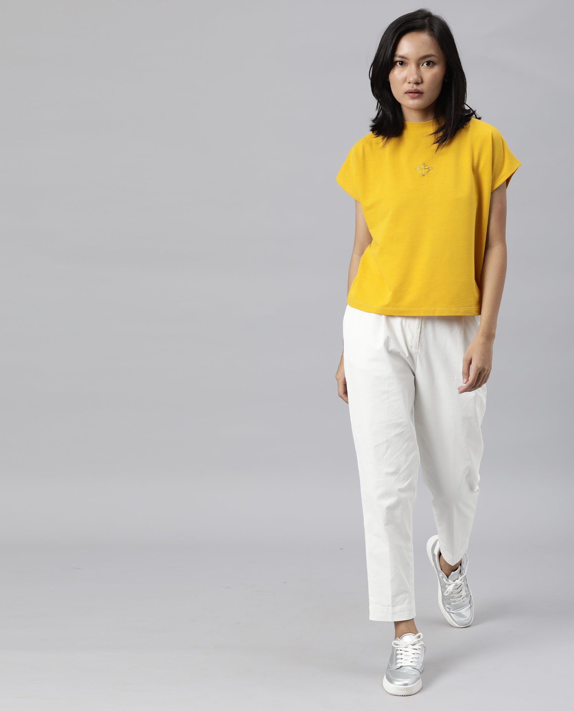 Rareism Womens Hola Mustard T-Shirt High Neck Polycotton Spandex Fabric