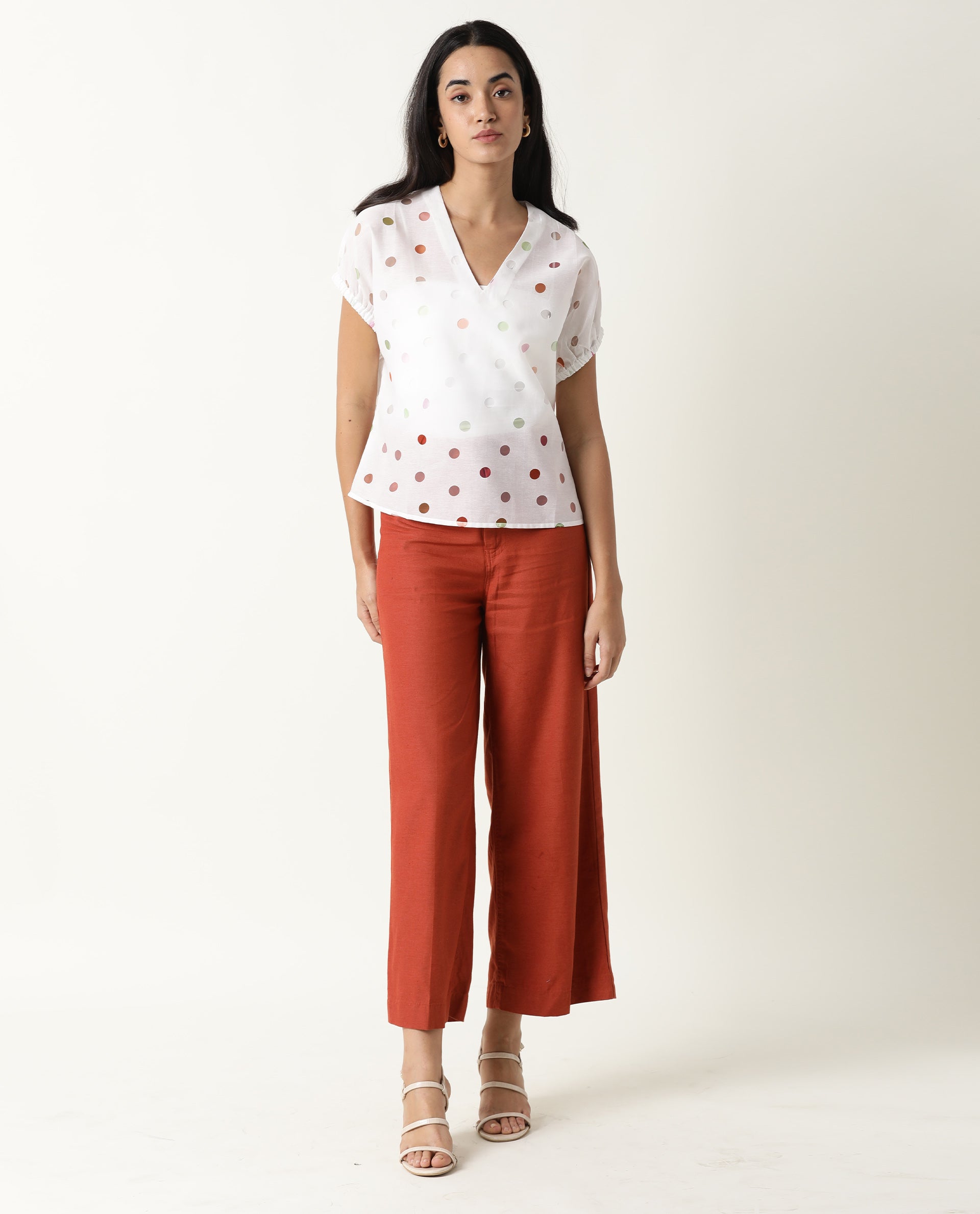 Rareism Women's Misan White V-Neck Color Block Knee Length Regular Fit Top