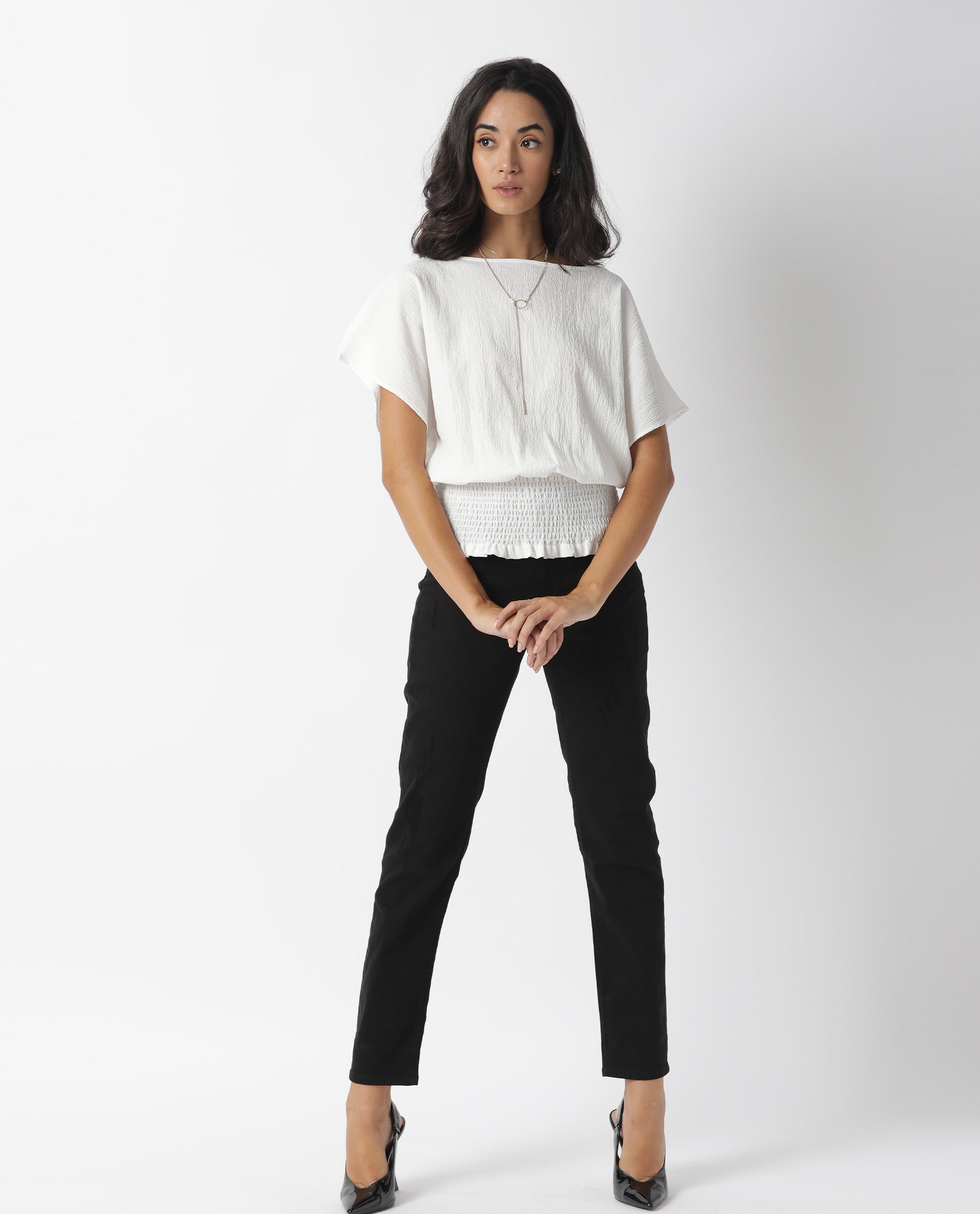 Rareism Womens Battle White Top Viscose Fabric Regular Fit Puff Sleeves Round Neck