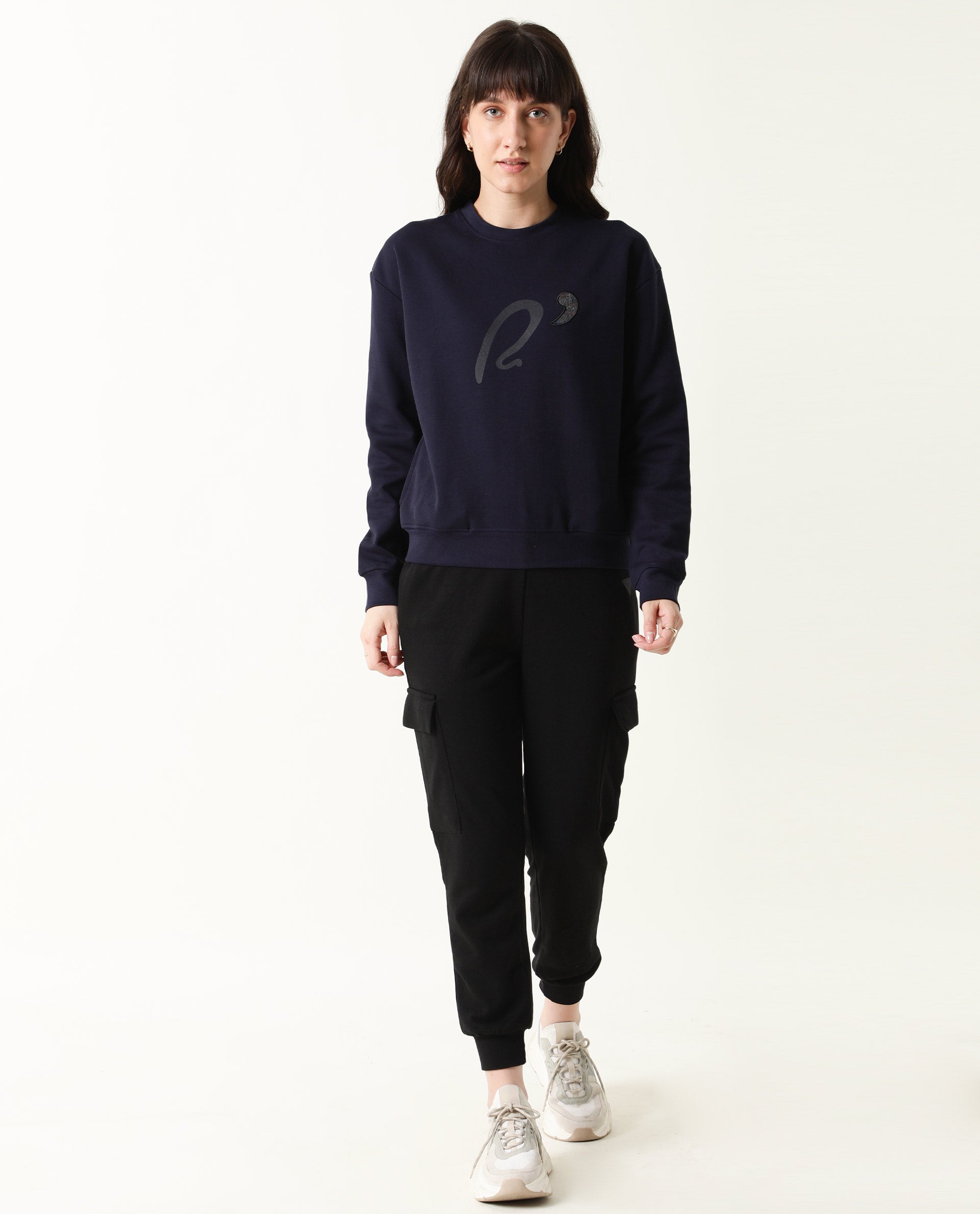 Rareism Women Slashy Navy Relaxed Fit Full Sleeves Solid Crew Neck Sweatshirt