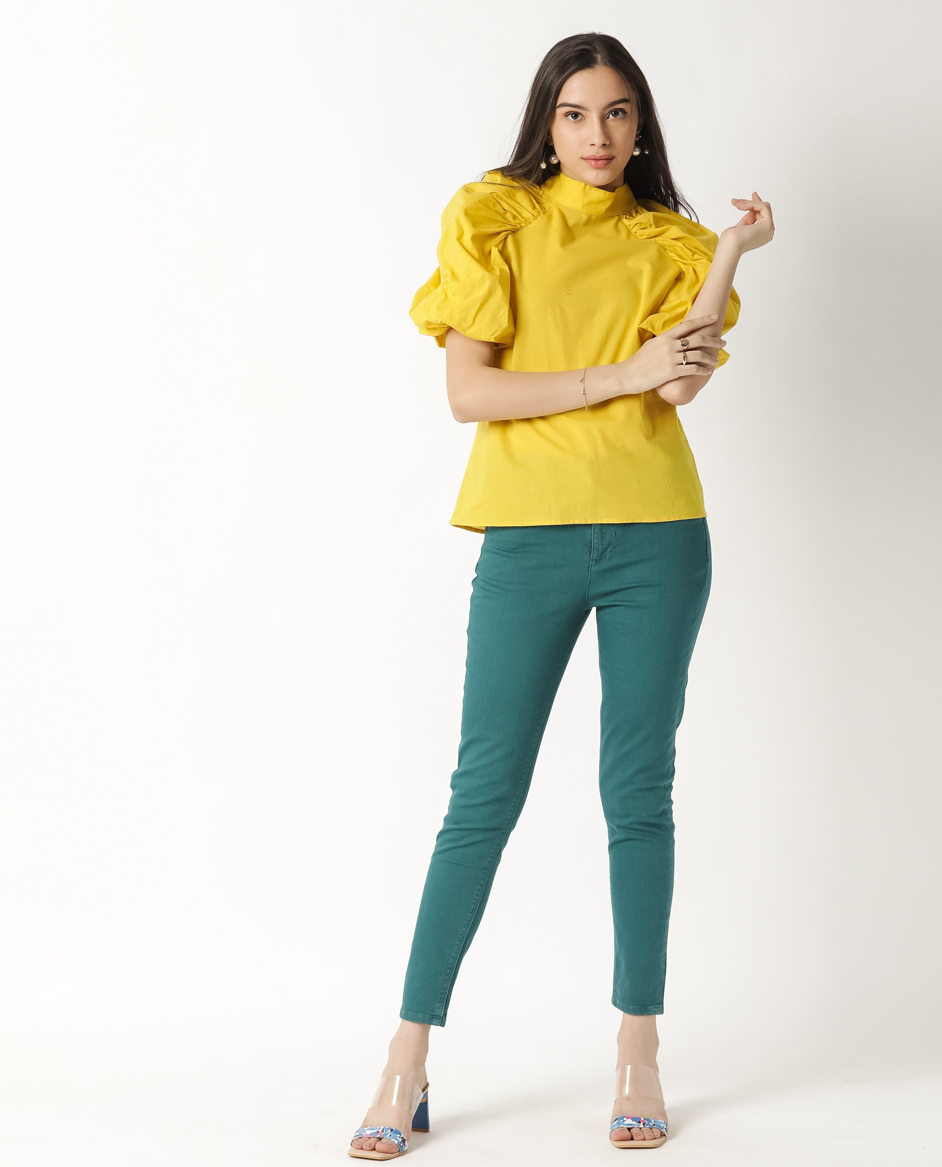 Rareism Womens Bobby Yellow Top Cotton Fabric Half Sleeve High Neck