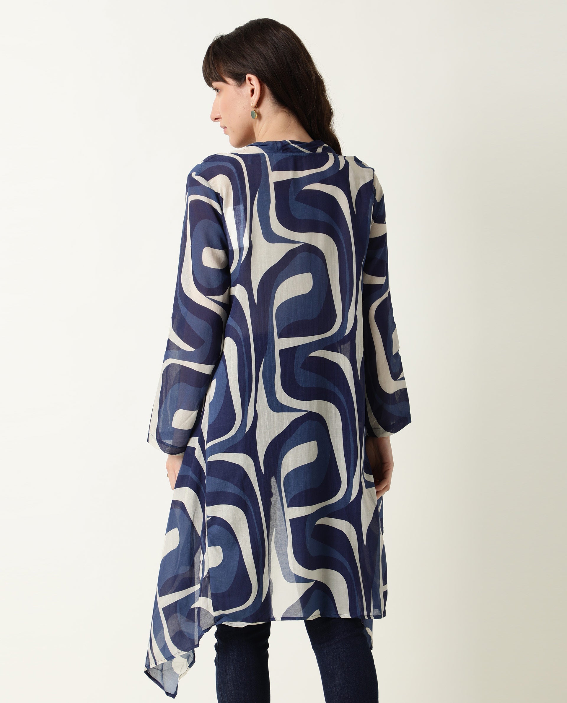 Rareism Women Bohem Blue Overlayer Full Sleeves Printed
