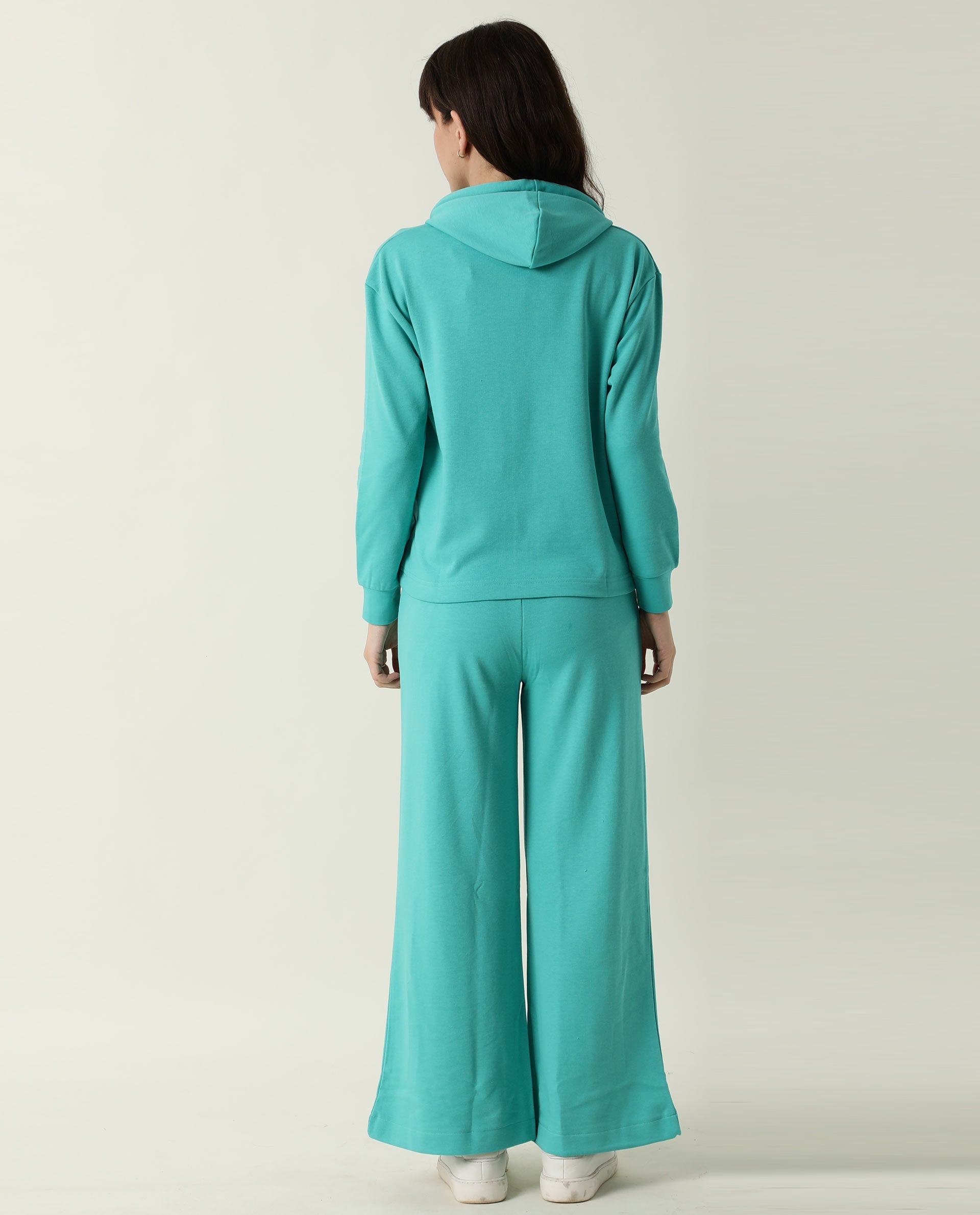 Rareism Women Pazo-1 Turq Poly Cotton Fabric Relaxed Fit Solid Mid Rise Ankle Length Track Pant