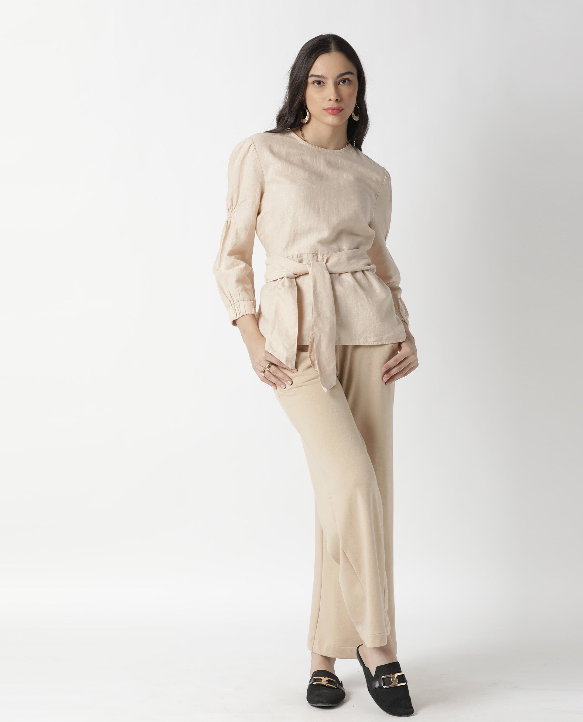 Rareism Womens Mocky Beige Top Full Sleeve Elasticated Cuff Crew Neck
