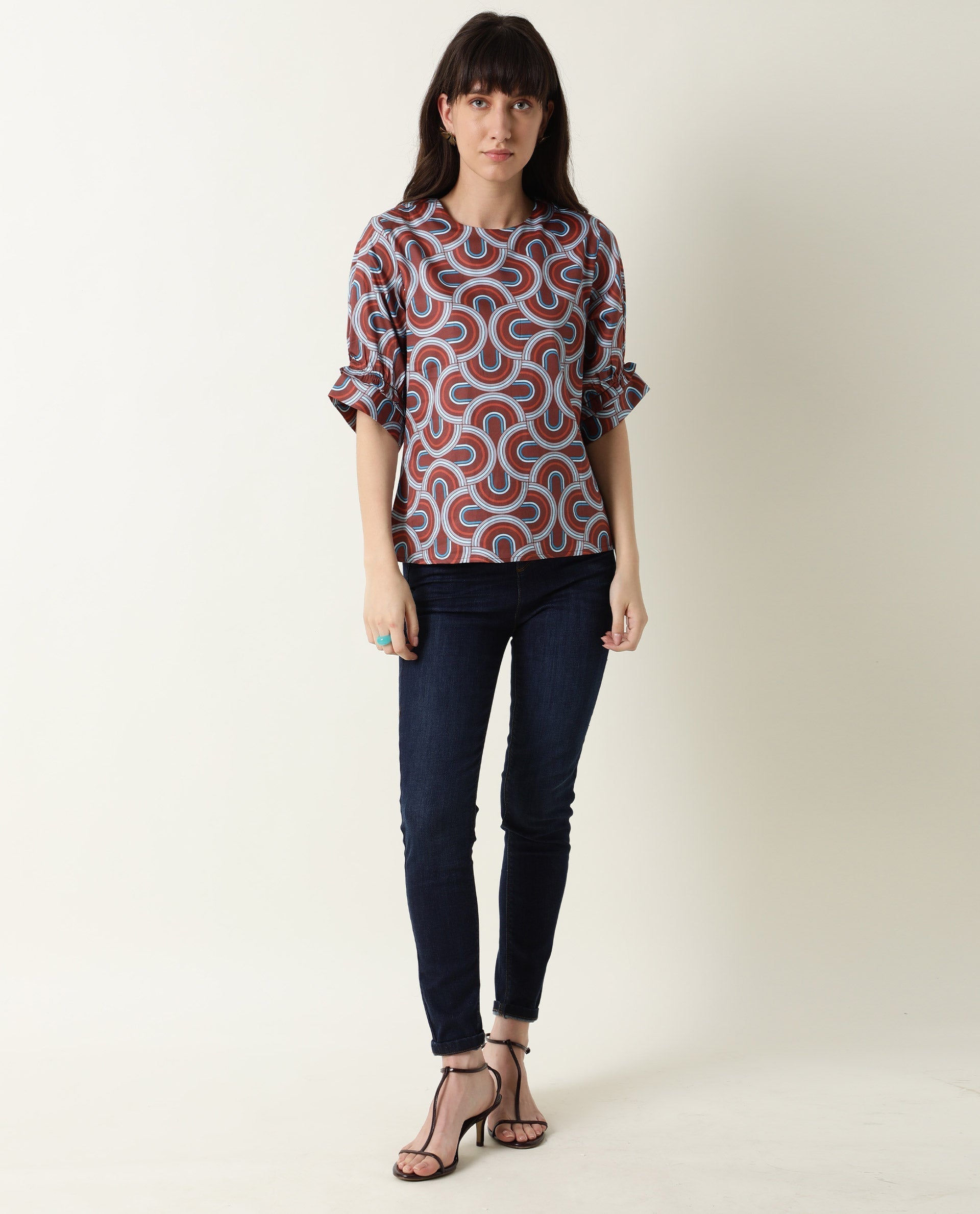 Rareism Women's Jimmi Brown Cotton Crew Neck Geometric Print Regular Fit Top