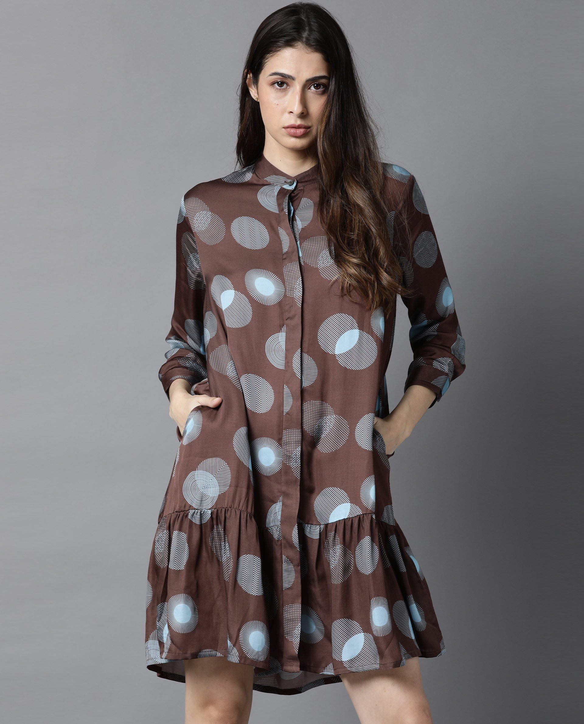 Rareism Women Eden Brown Dress Short Sleeves Printed