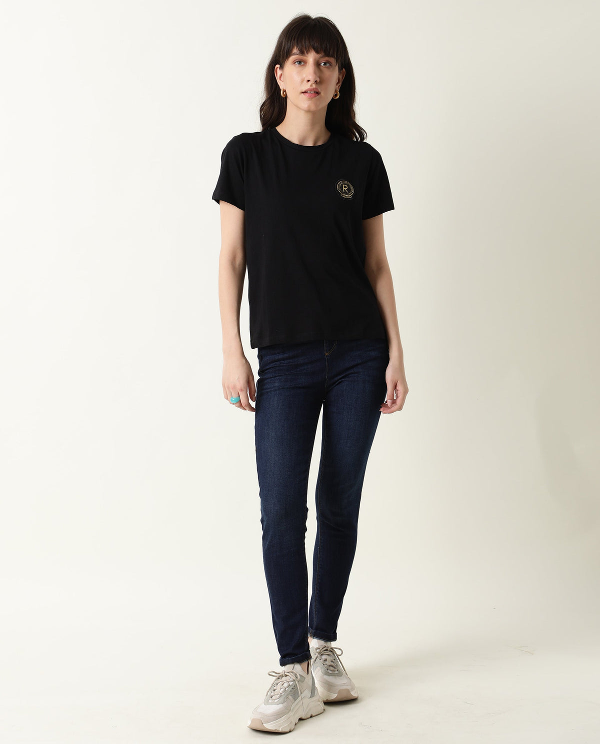Rareism Women Fuji Black Cotton Fabric Regular Fit Half Sleeves Graphic Print Crew Neck T-Shirt