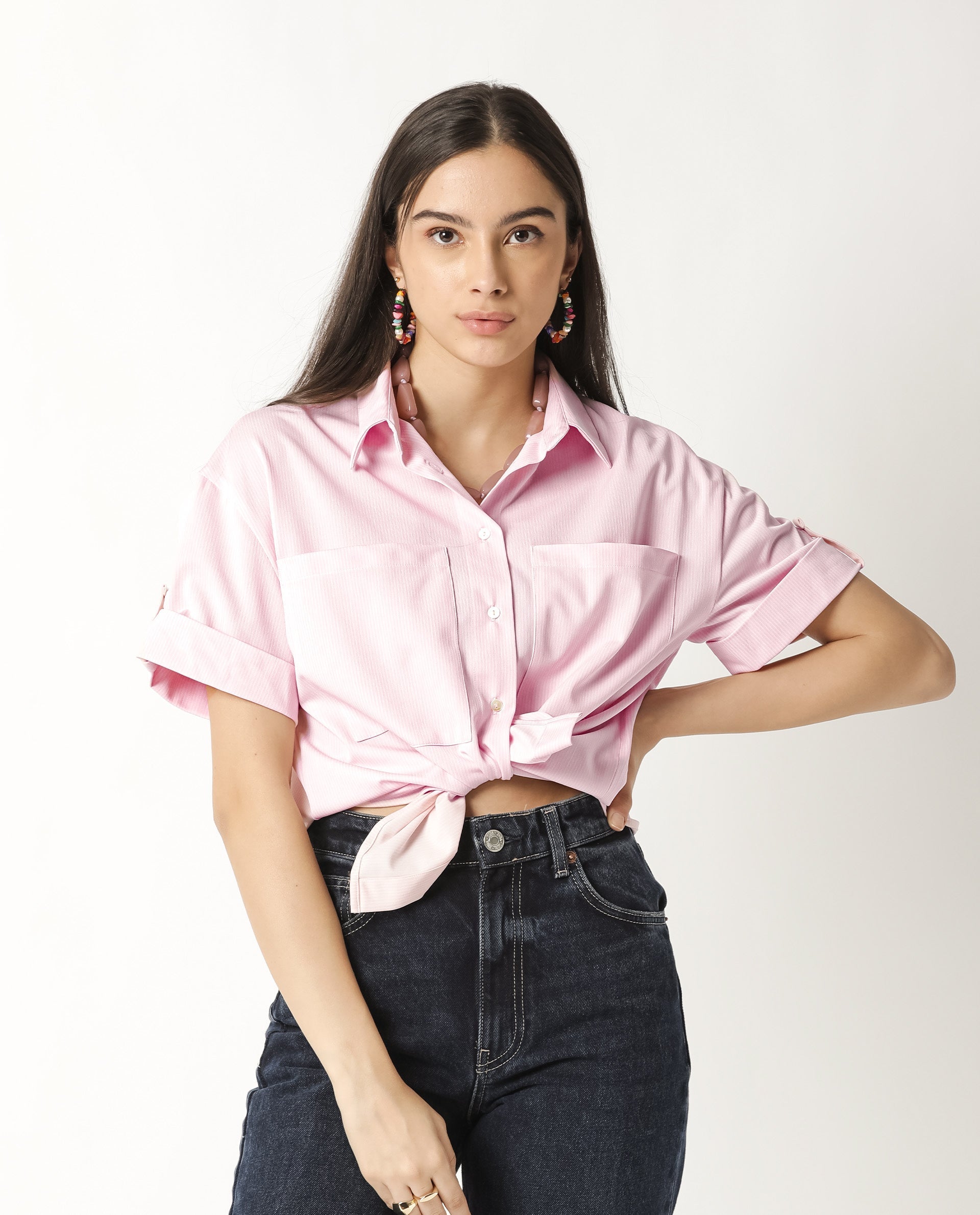 Rareism Women Bolero Pink Regular Fit Shirt Collar Half Sleeves Solid Top