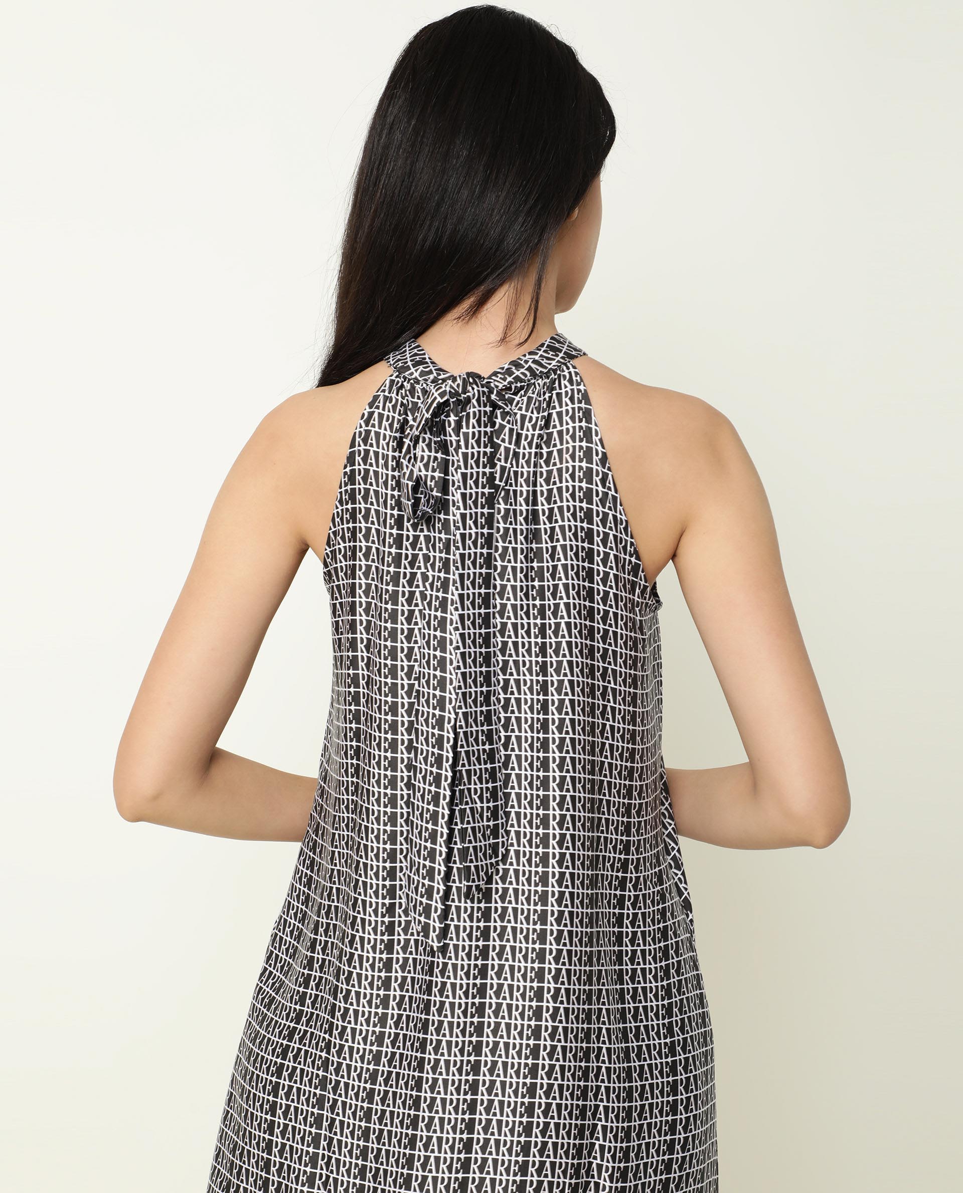 Rareism Women's Renata Black Modal Blend Halter Neck Geometric Print Sleeveless Knee Length Regular Fit Dress