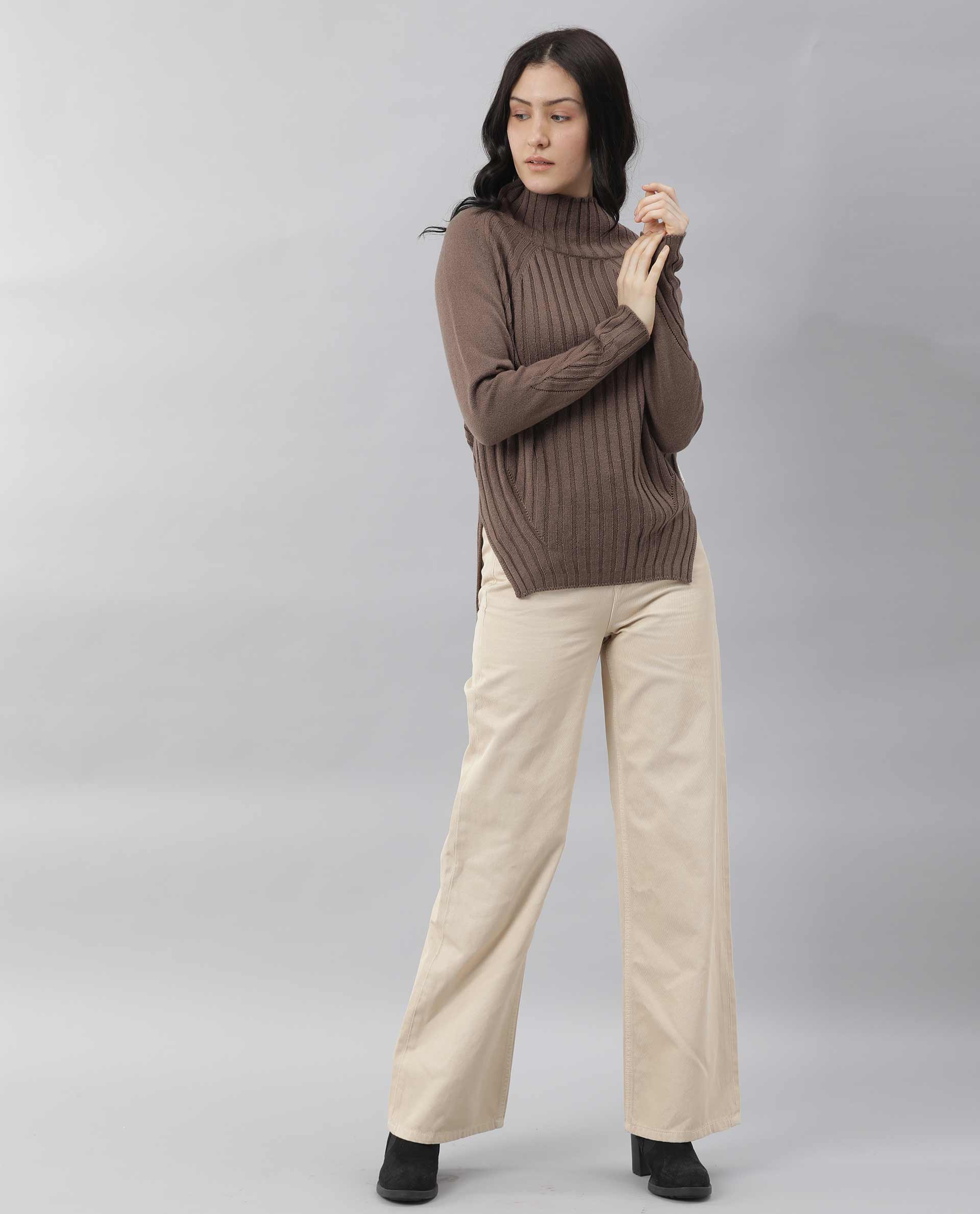 Rareism Women Halo Brown Acrylic Fabric Full Sleeves Regular Fit Solid High Neck Sweater