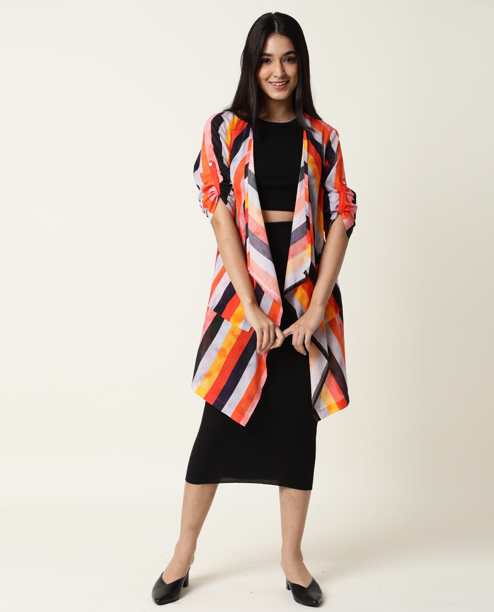 Rareism Women's Maaza Multi Cotton Collarless Striped Relaxed Fit Shrug