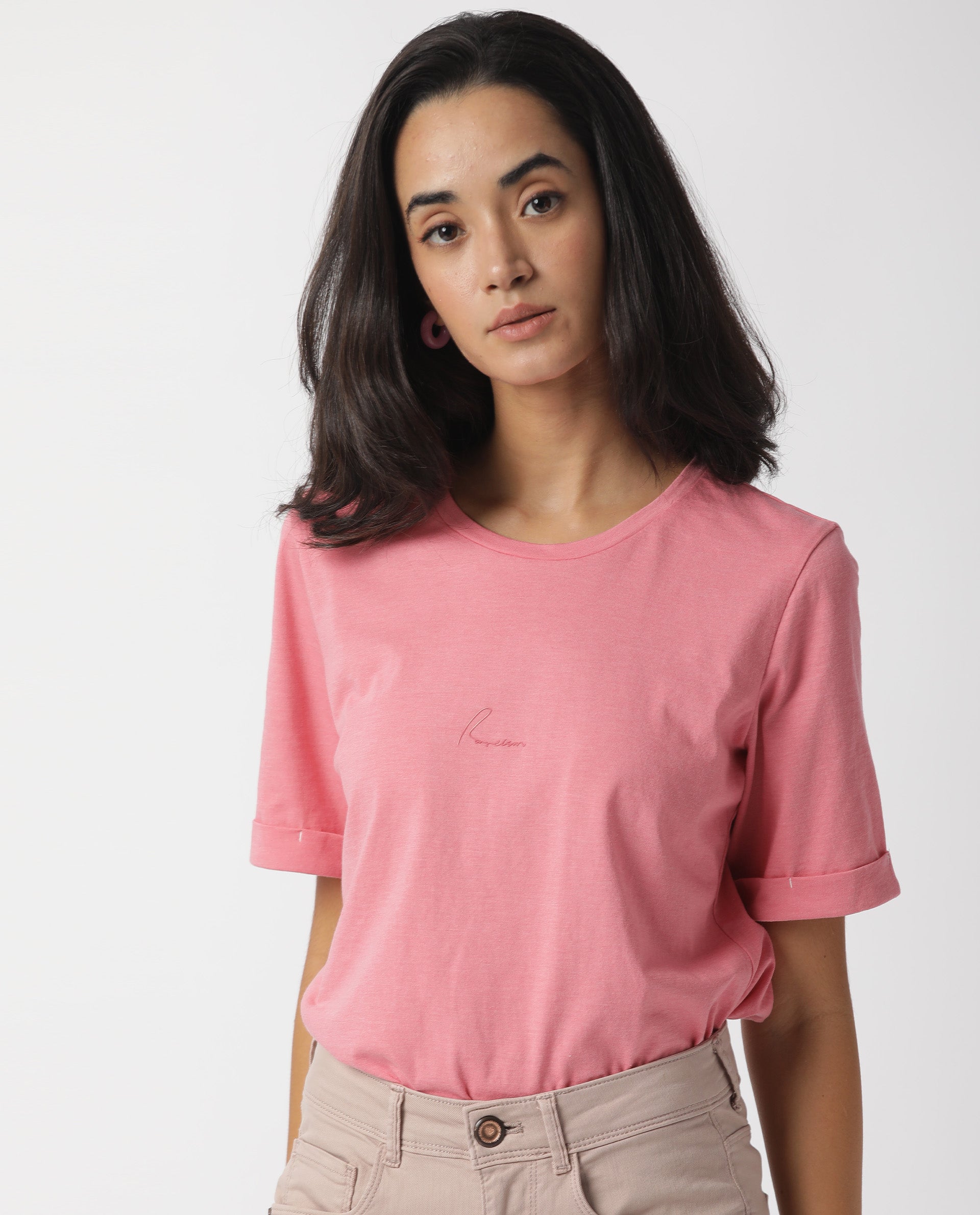 Rareism Women Nova Tee 2 Pink Cotton Fabric Regular Fit Half Sleeves Solid Round Neck T-Shirt