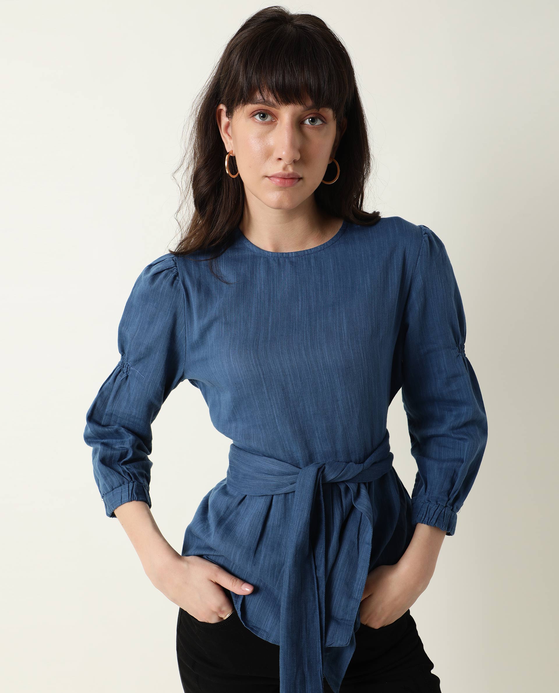 Rareism Womens Mocky Petrol Top Full Sleeve Elasticated Cuff Crew Neck