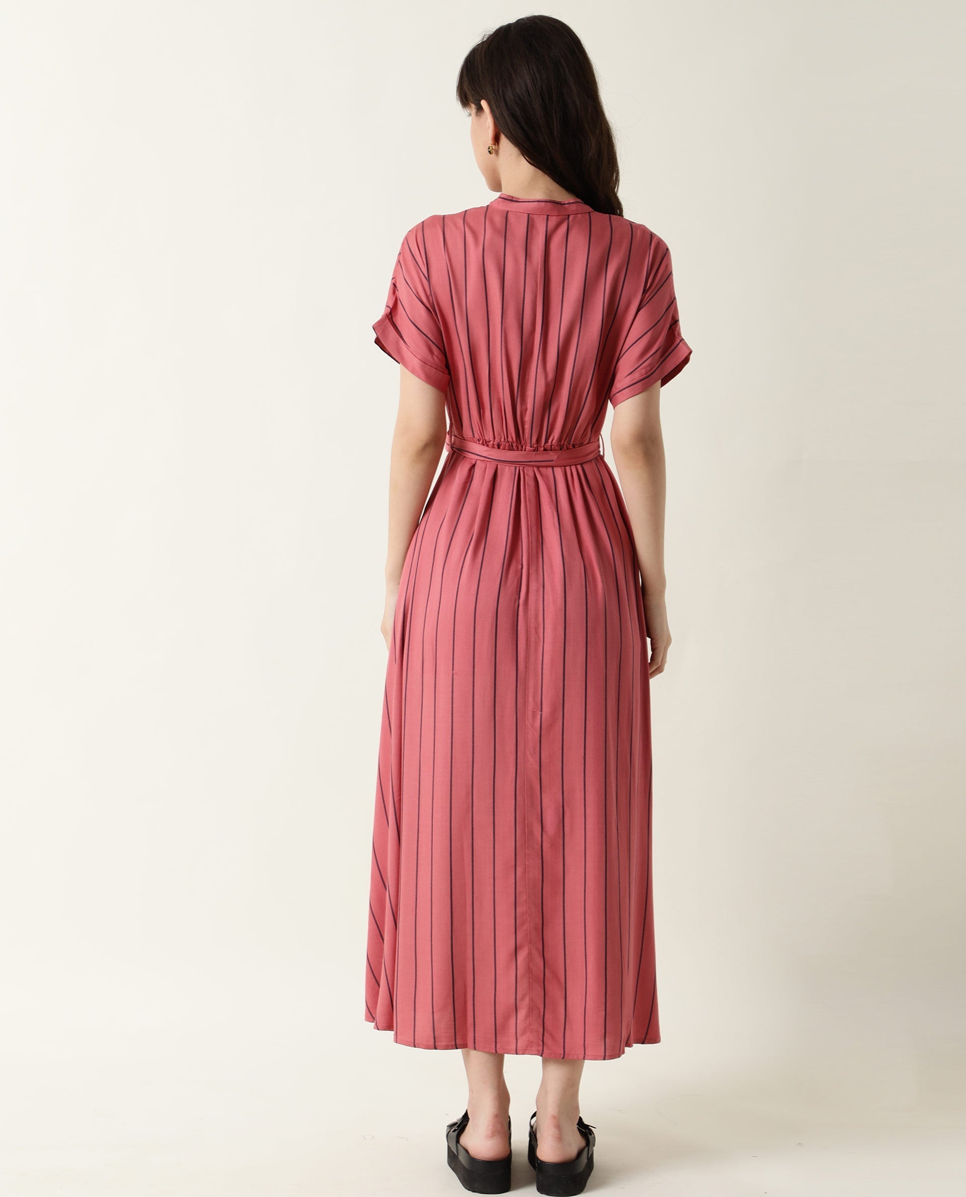 Rareism Women's Tudor Pink Mandarin Collar Striped Knee Length Relaxed Fit Dress