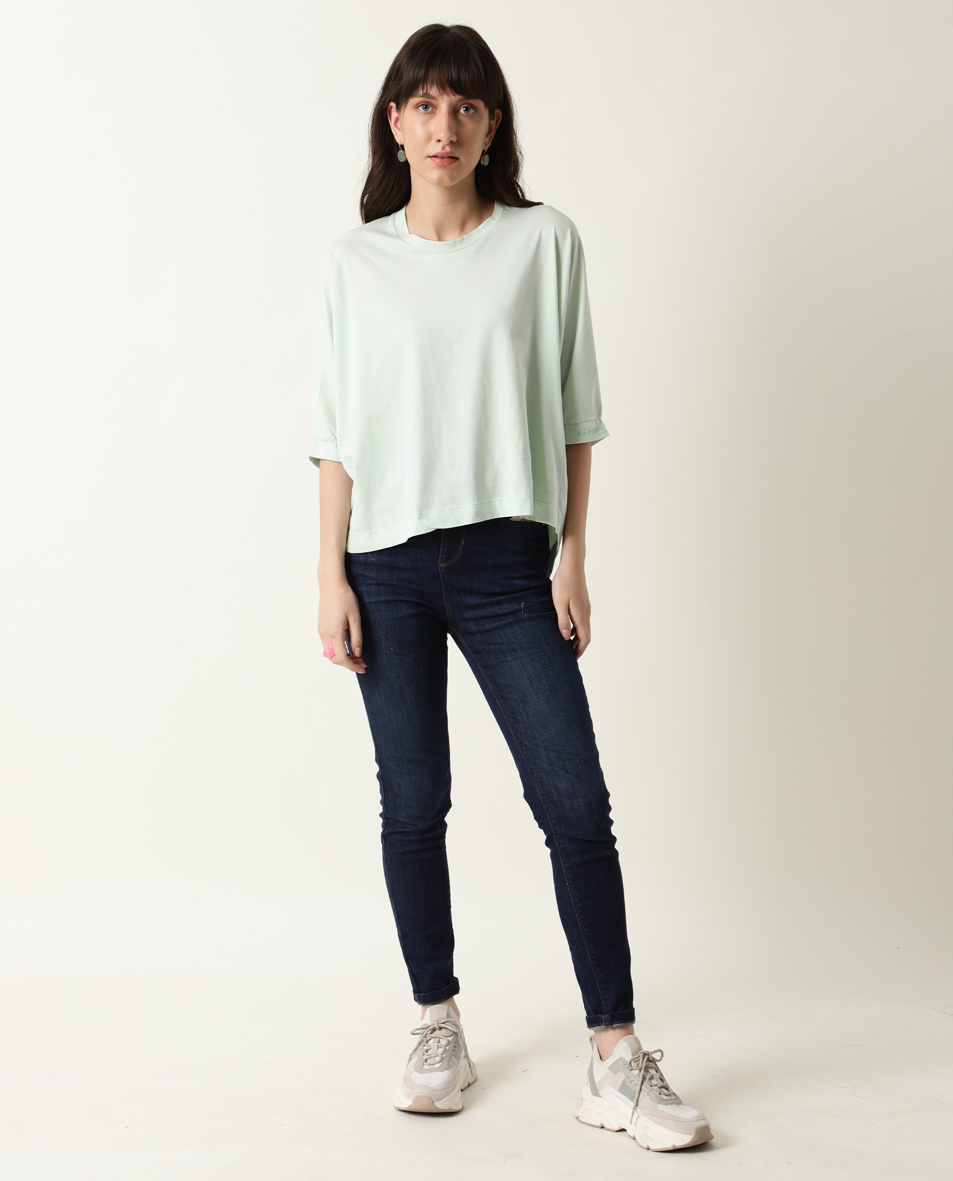 Rareism Women's Osmo Green Crew Neck Plain Knee Length Tailored Top