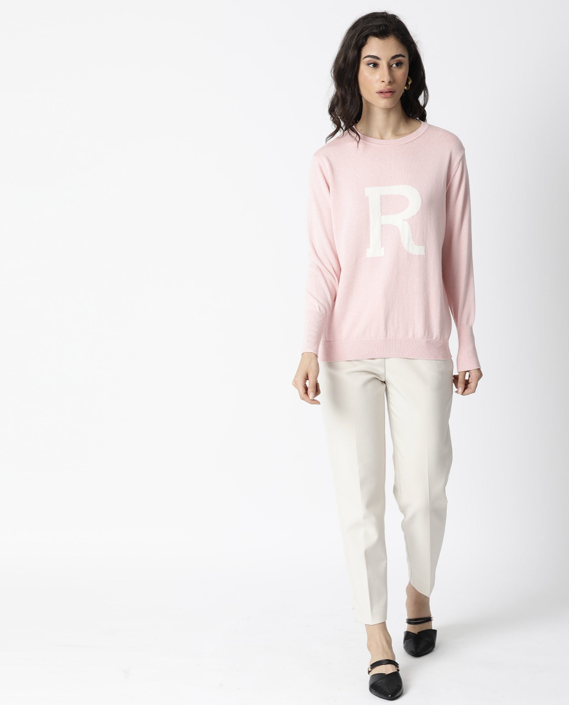 Rareism Women Plush Pink Cotton Fabric Full Sleeves Regular Fit Embroidered Round Neck Sweater