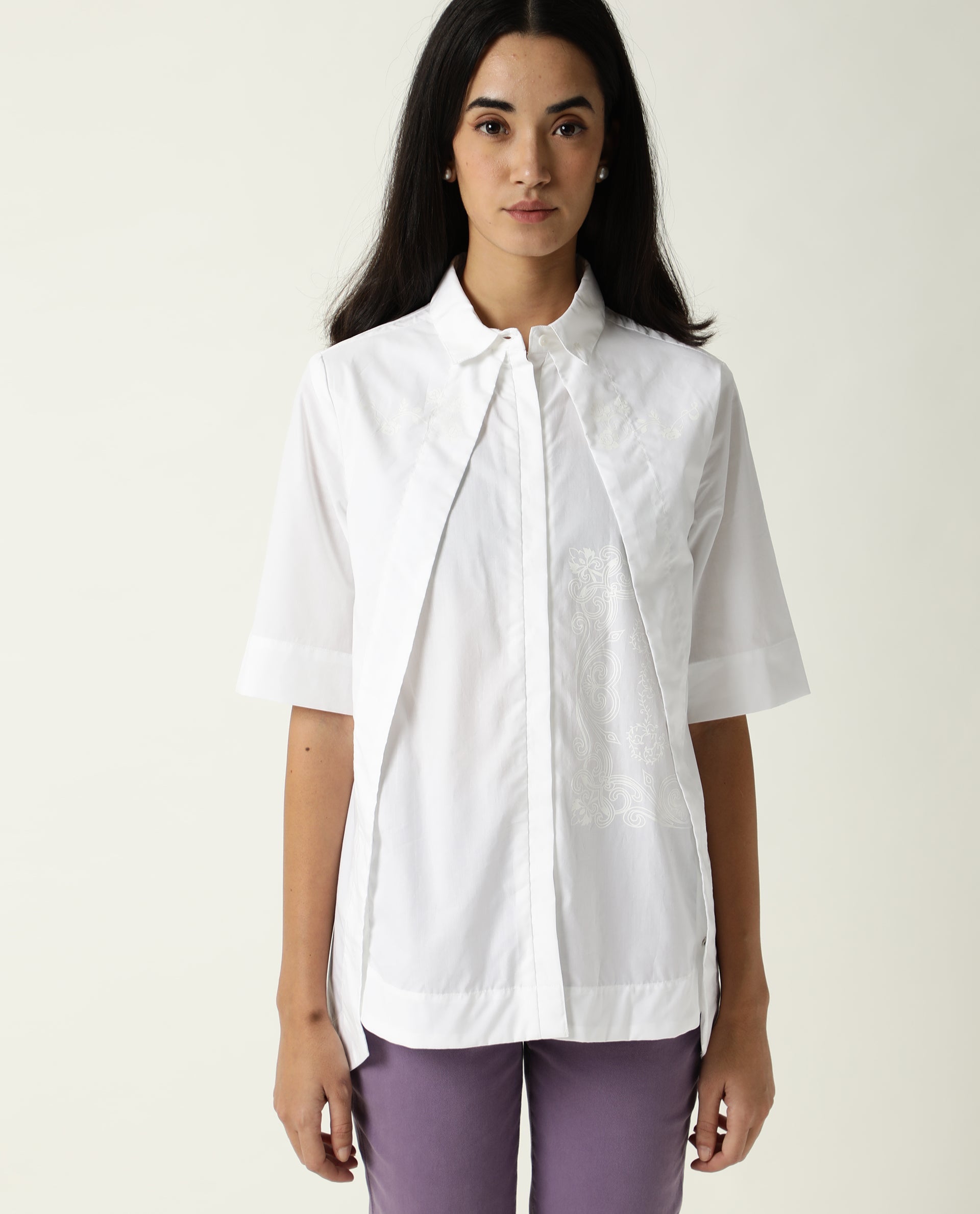 Rareism Women's Flick White Cotton Spread Collar Plain Regular Fit Top