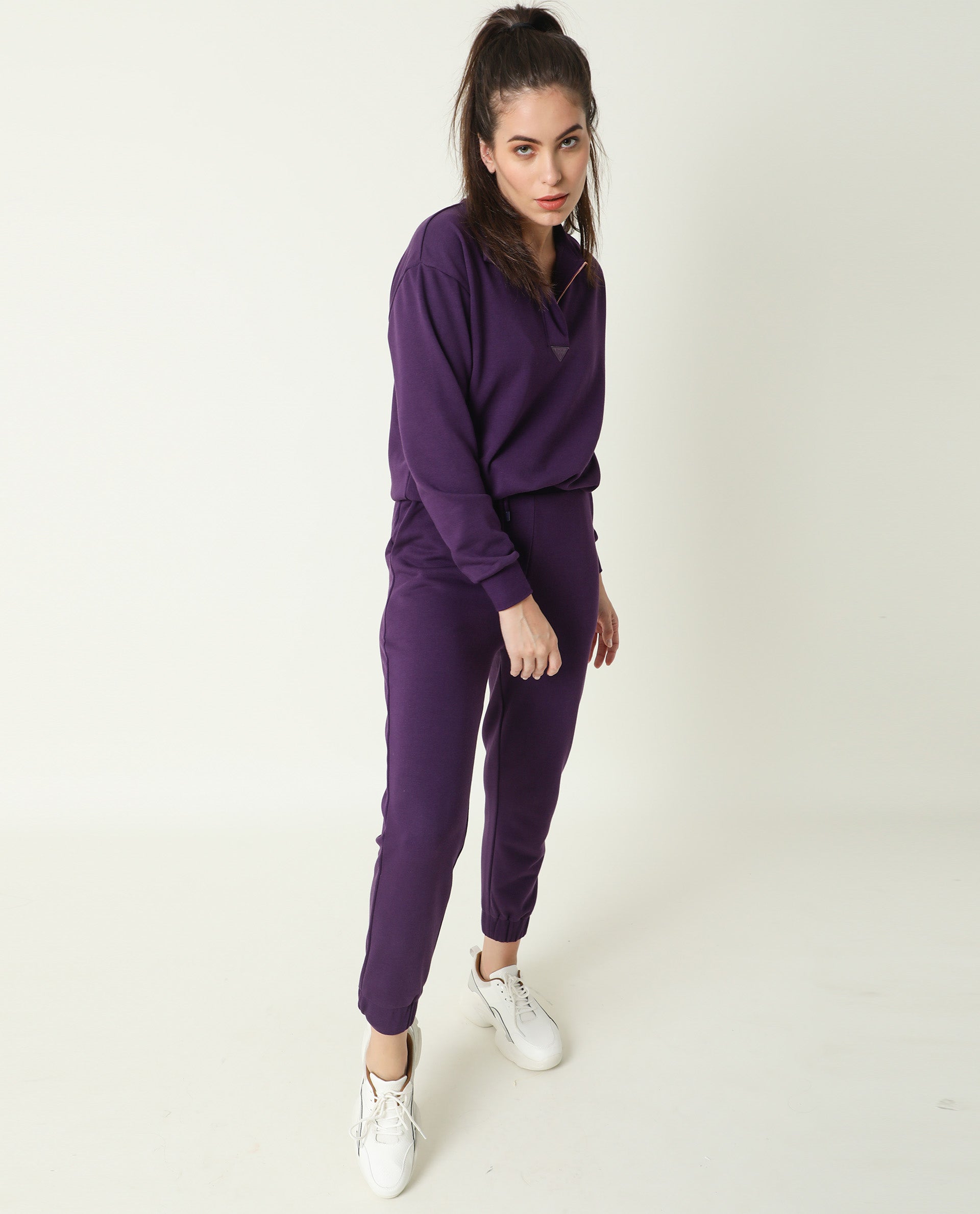 Rareism Women Aldrich Purple Poly Cotton Fabric Regular Fit Full Sleeves Solid High Neck Sweatshirt