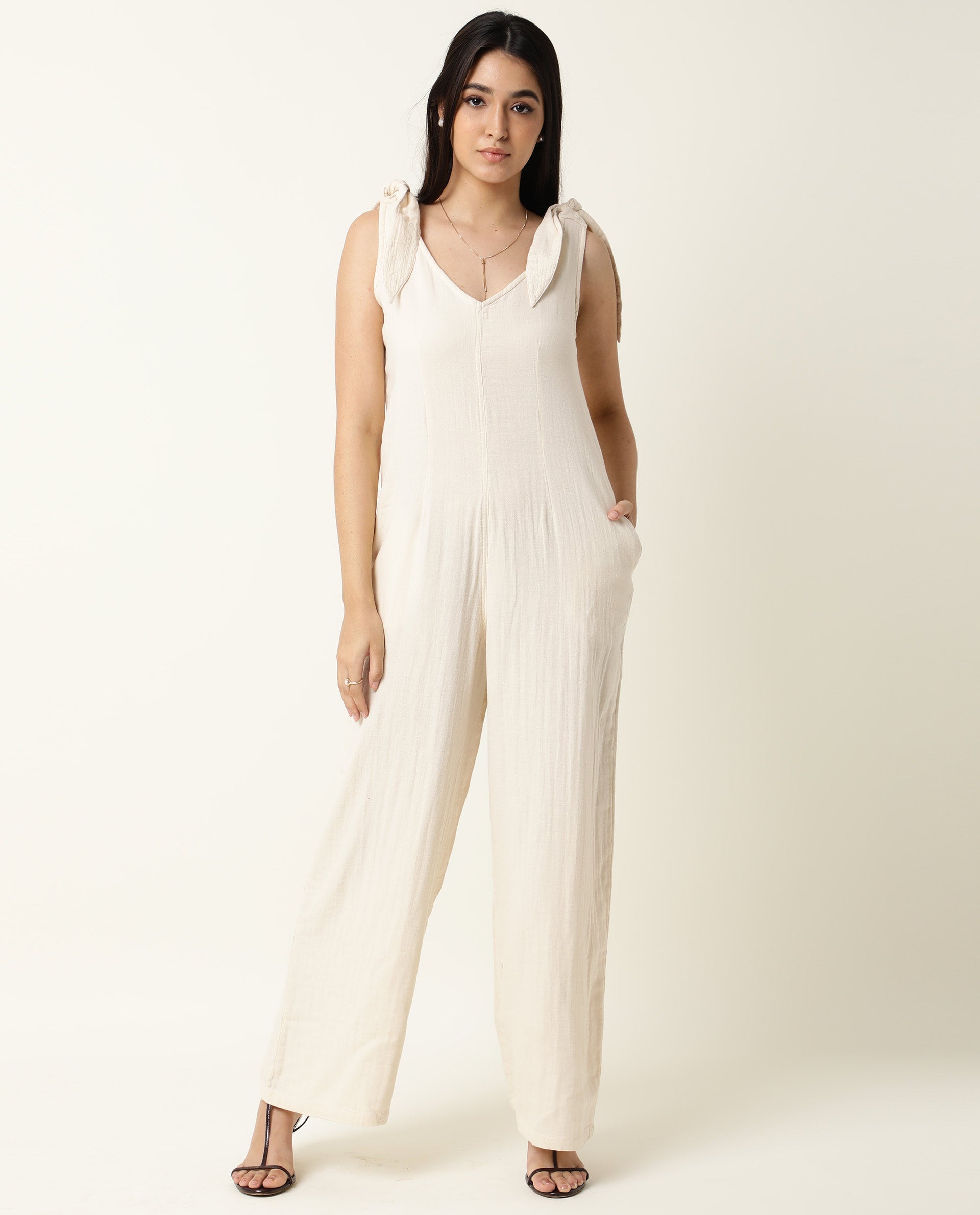 Rareism Women's Peanut Beige Cotton V-Neck Plain Sleeveless Knee Length Tailored Jumpsuit