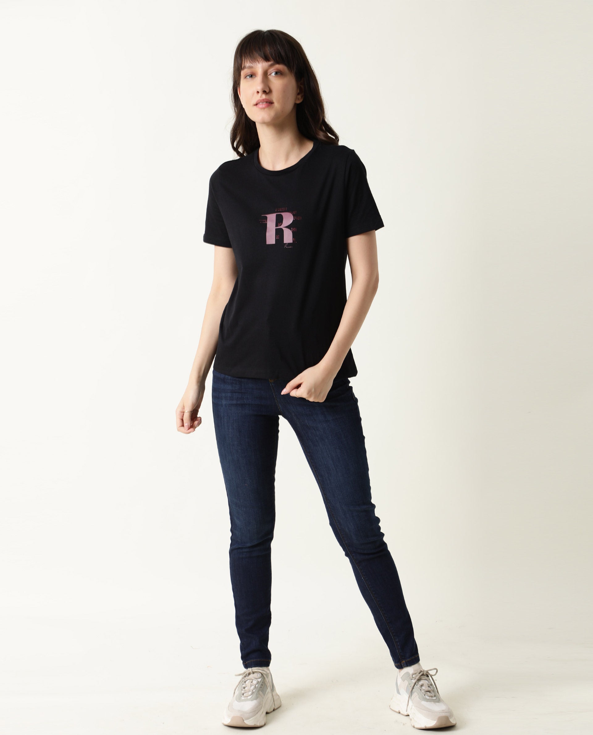 Rareism Women Moes Black Cotton Fabric Regular Fit Half Sleeves Geometric Print Round Neck T-Shirt