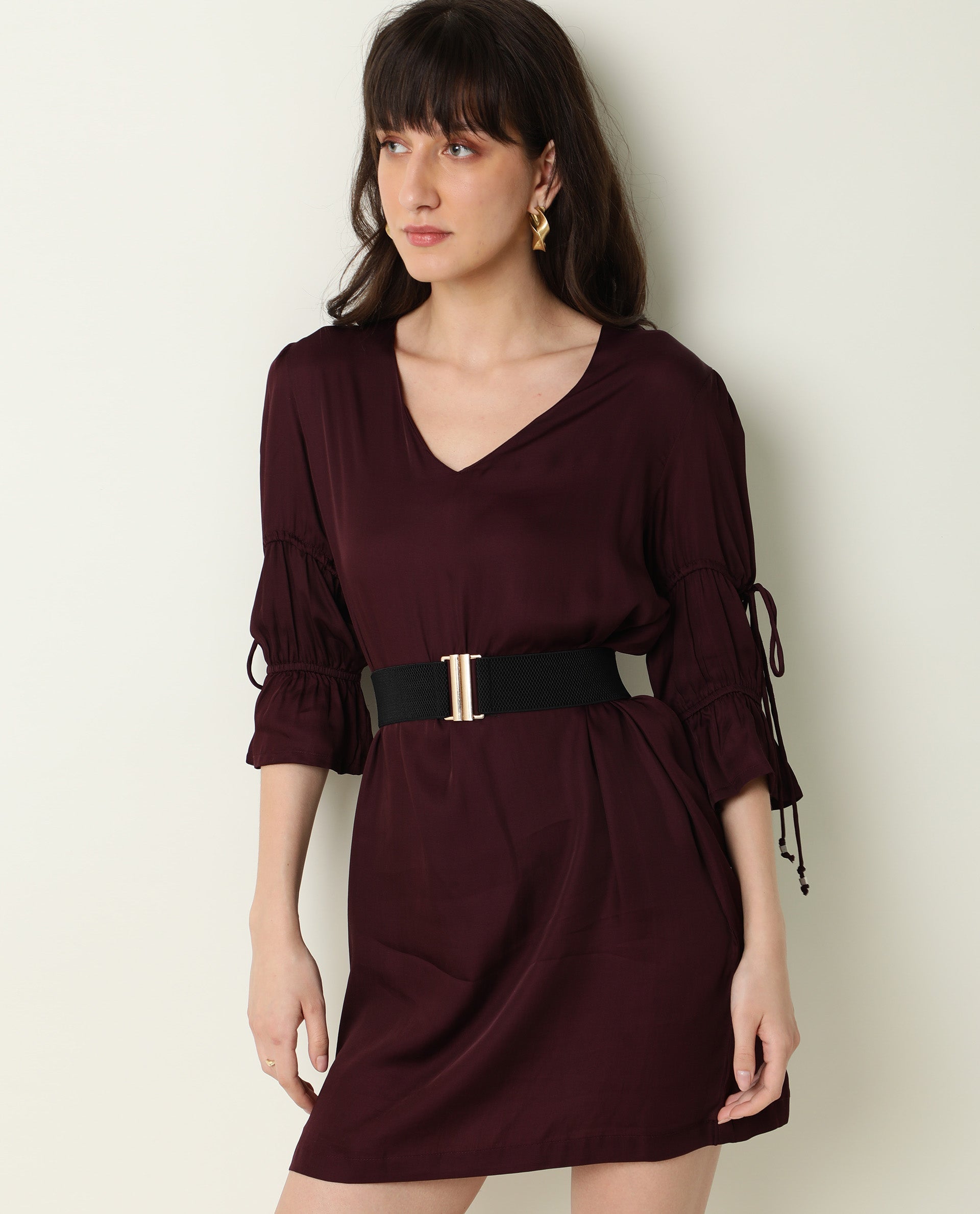Rareism Women's Jamm Maroon V-Neck Plain Knee Length Regular Fit Dress
