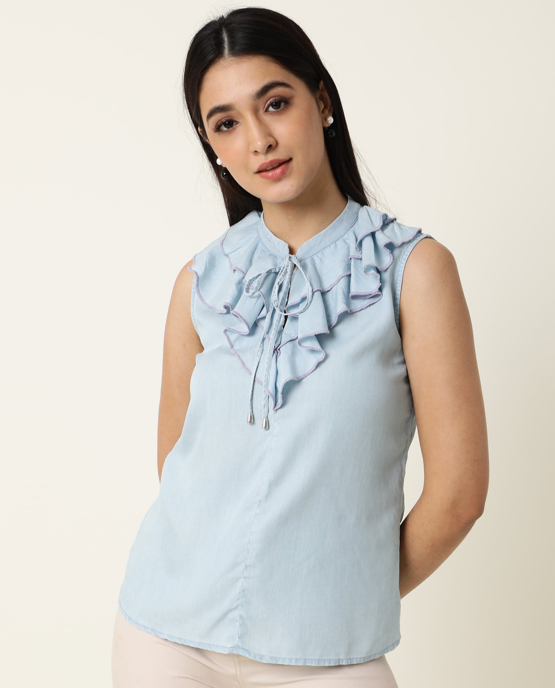 Rareism Women's Cage Blue Tencel Key Hole Neck Plain Sleeveless Tailored Top