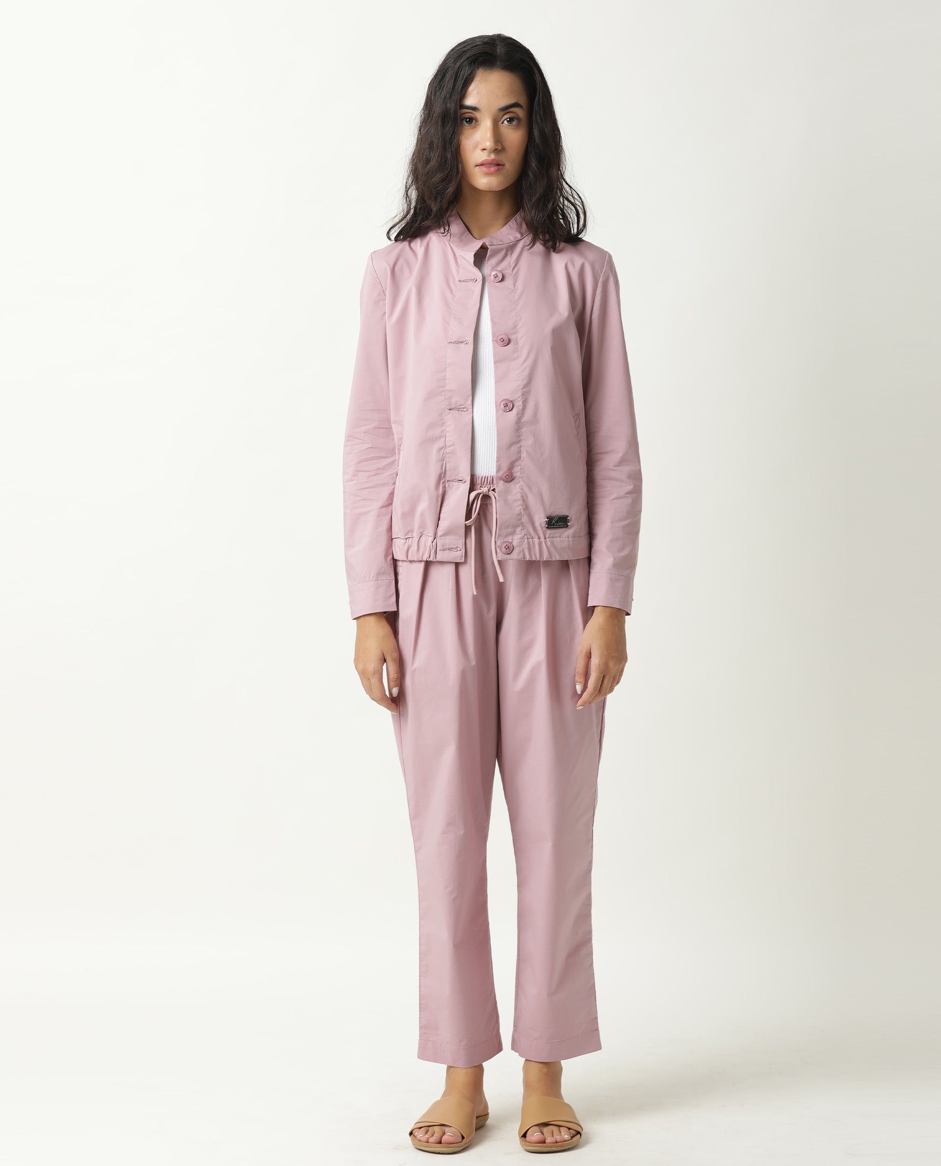 Rareism Women's Aomori Pink Polyester Blend Mandarin Collar Plain Regular Fit Jacket