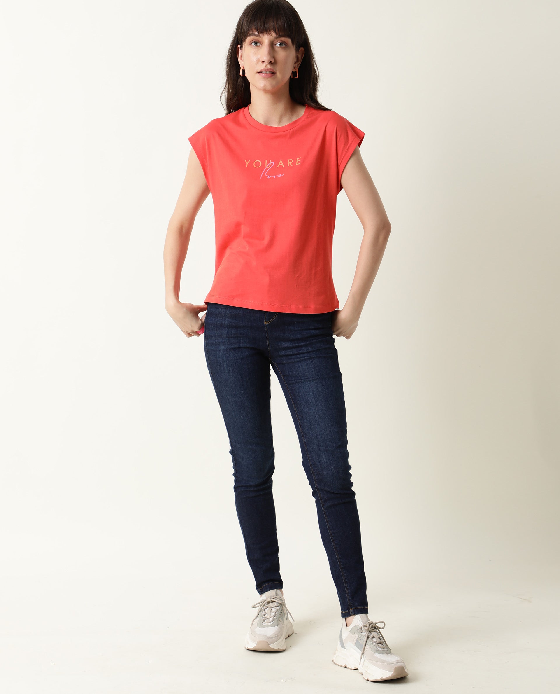Rareism Womens Caprico Red T-Shirt Cotton Fabric Regular Fit Half Sleeve Round Neck