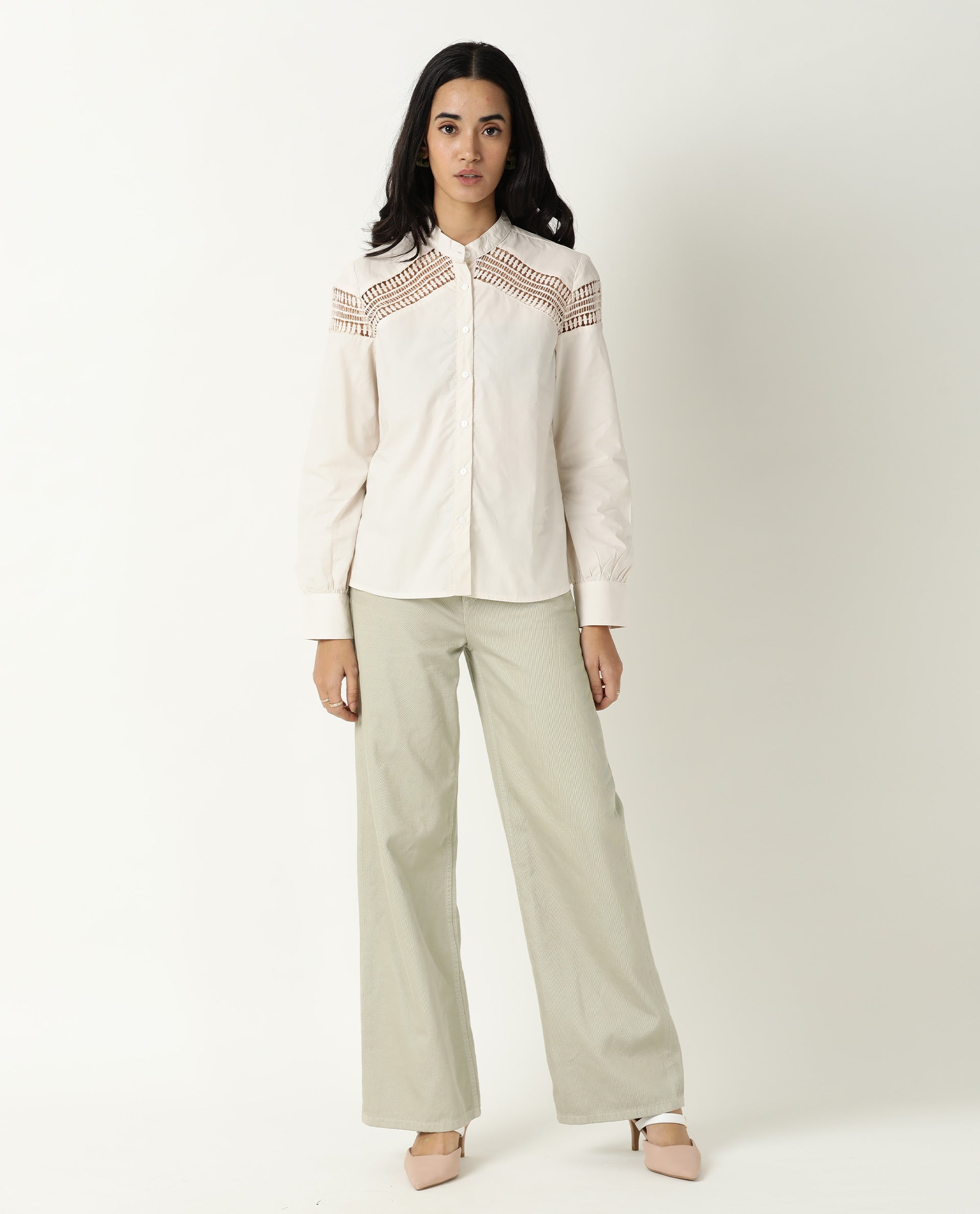 Rareism Women Zoom Pastel Beige Cotton Fabric Regular Fit Mandarin Collar Full Sleeves Solid Top