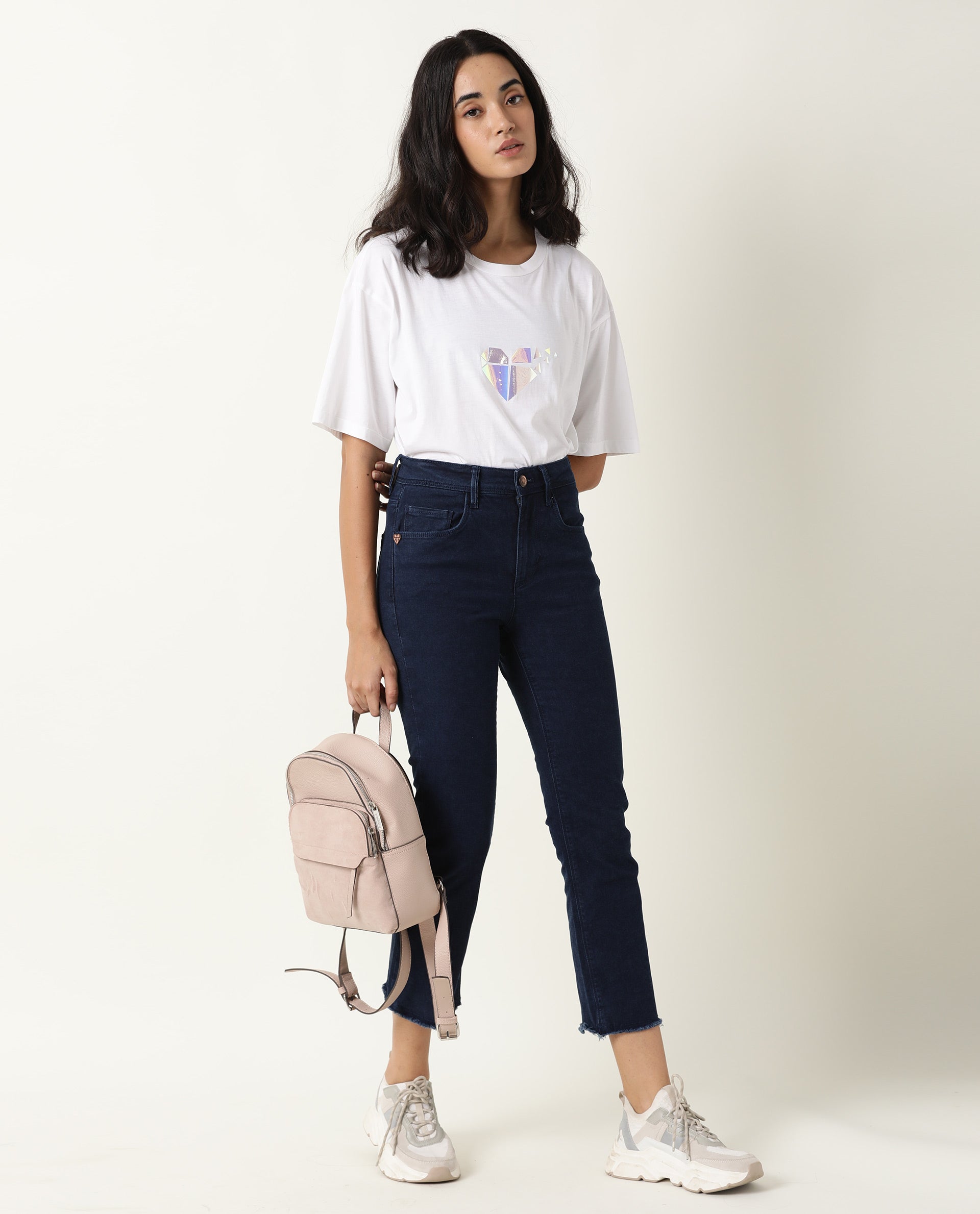 Rareism Womens Nat White T-Shirt Cotton Fabric Regular Fit Half Sleeve Round Neck