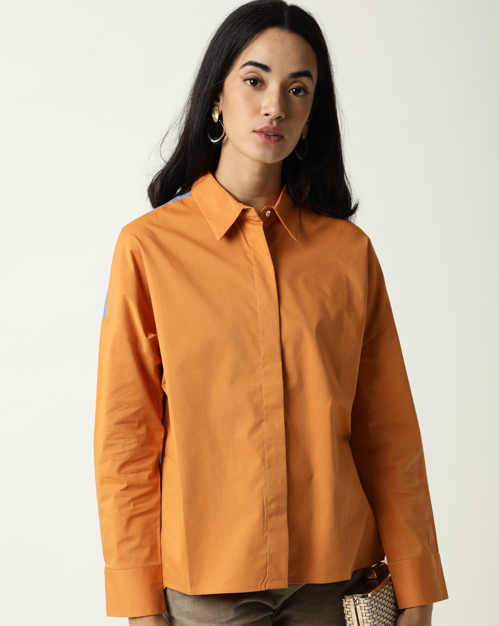 Rareism Women's Nellore Orange Spread Collar Plain Knee Length Regular Fit Top