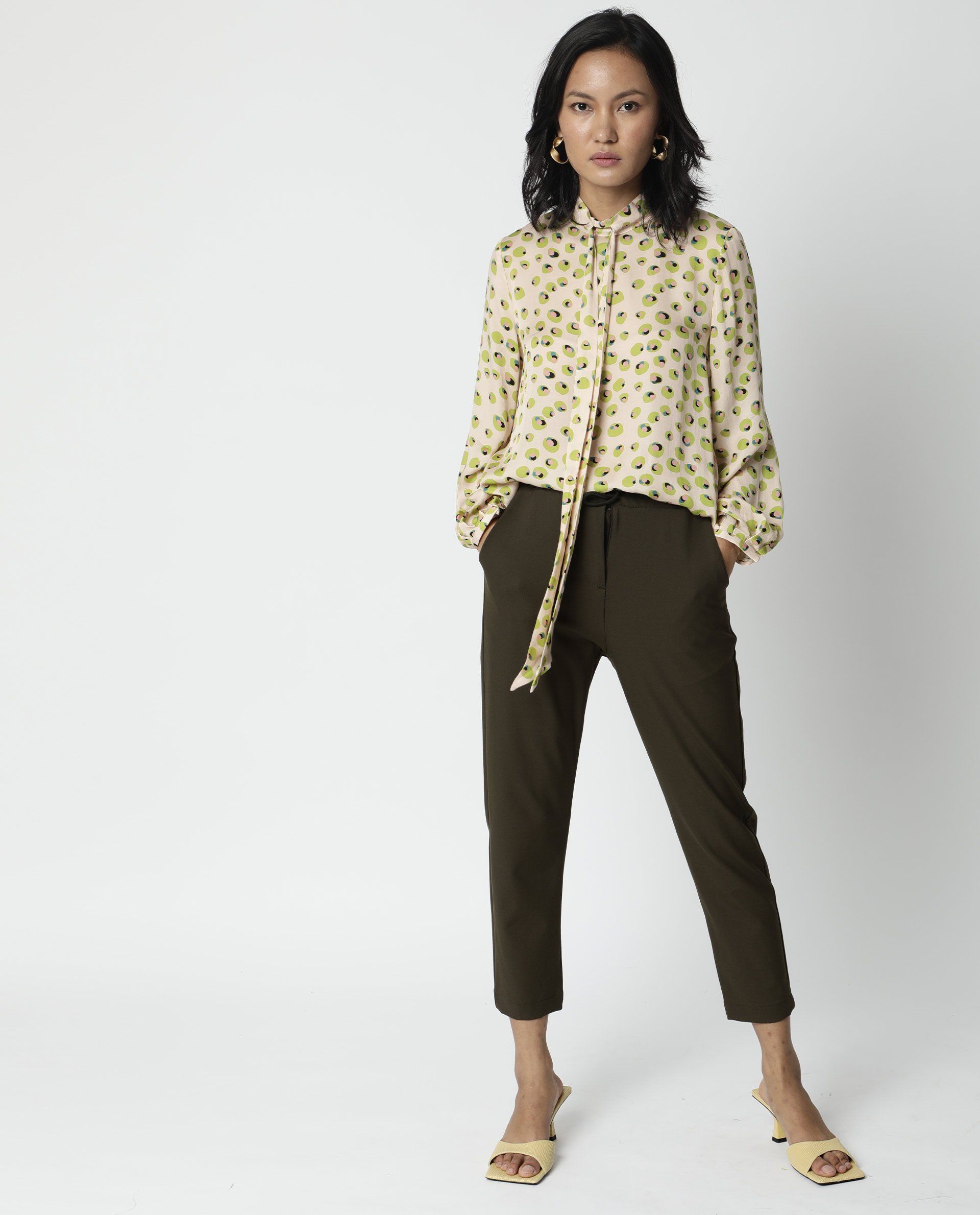 Rareism Womens Dewd Peach Top Abstract Print Cotton Blend Fabric Round Neck Long Sleeves