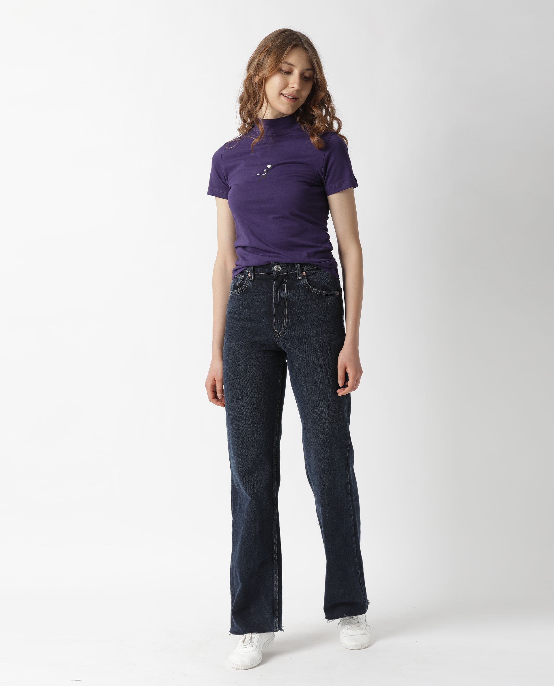 Rareism Women Hamock Purple Cotton Fabric Regular Fit Half Sleeves Solid Crew Neck T-Shirt