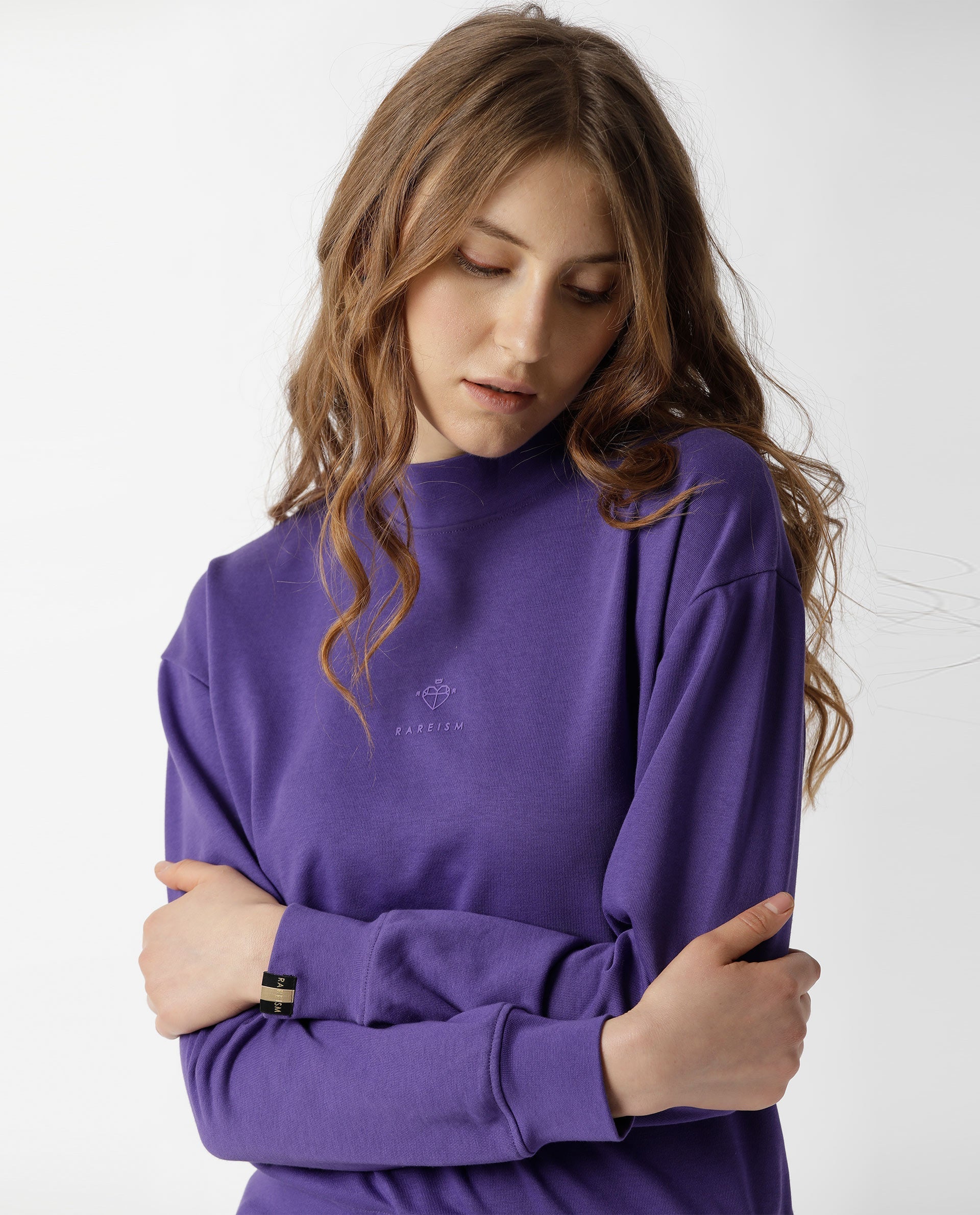 Rareism Women Necker Purple Relaxed Fit Full Sleeves Solid High Neck Sweatshirt