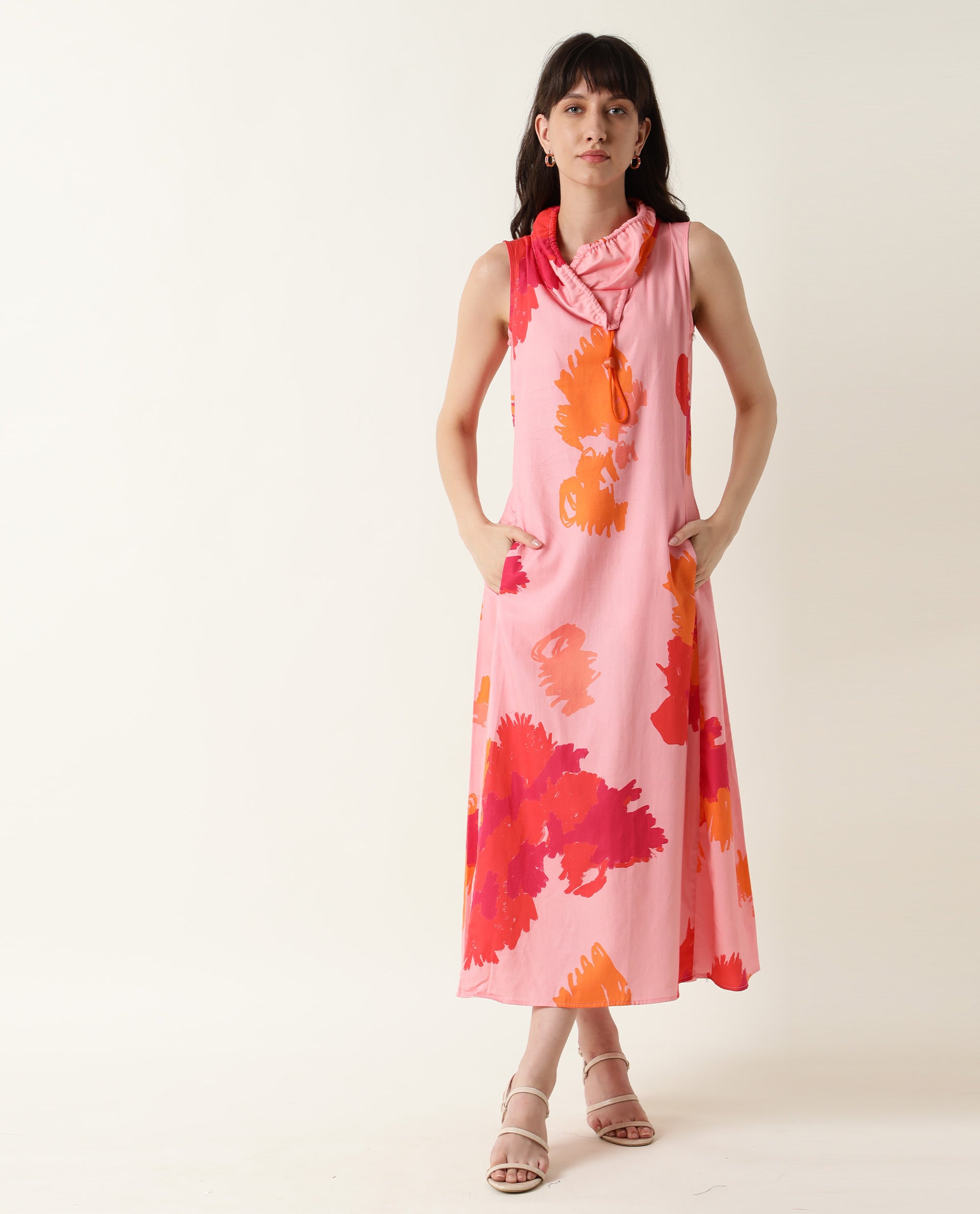Rareism Womens Cyrus Pink Dress Cotton Fabric Regular Fit Sleeveless Round Neck