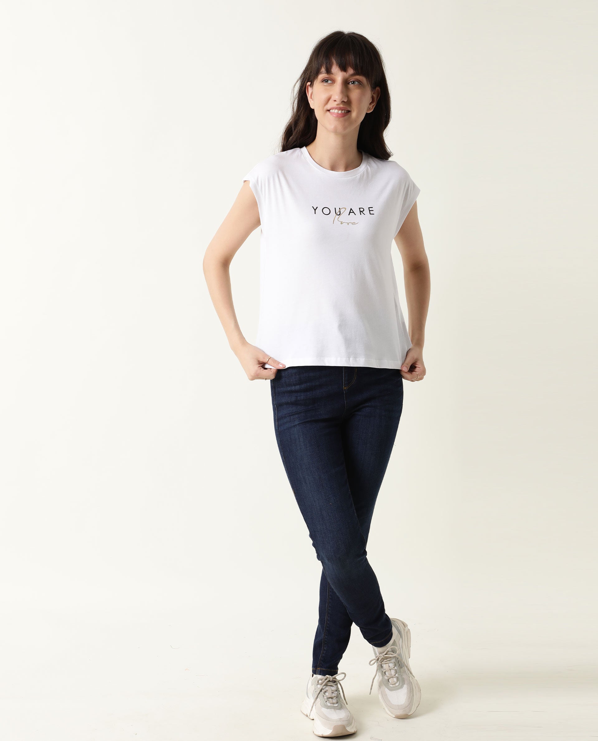 Rareism Womens Caprico White T-Shirt Cotton Fabric Regular Fit Half Sleeve Round Neck
