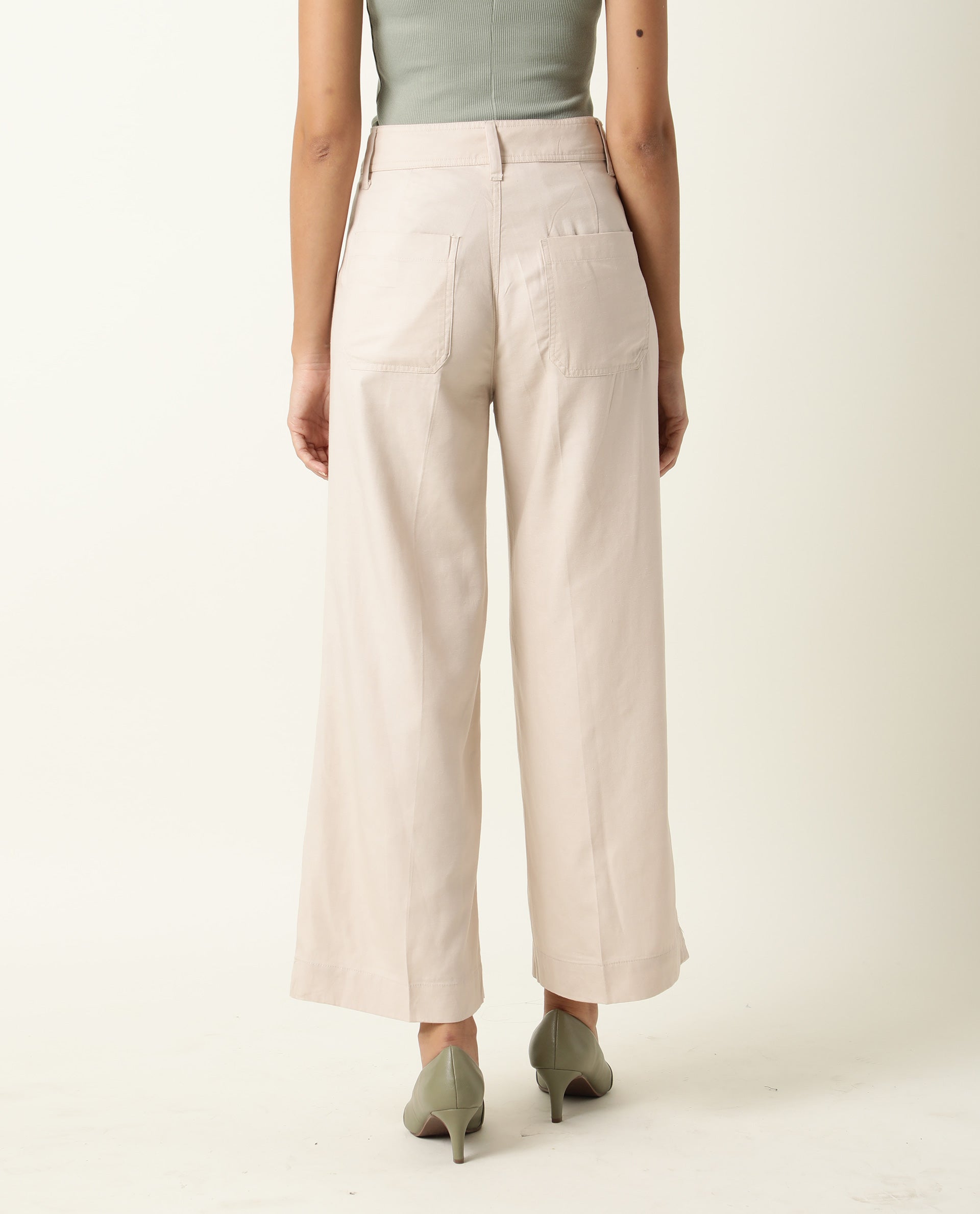 Rareism Women Micky Beige Cotton Lyocell Fabric Tailored Fit Mid Rise Solid Ankle Length Trousers