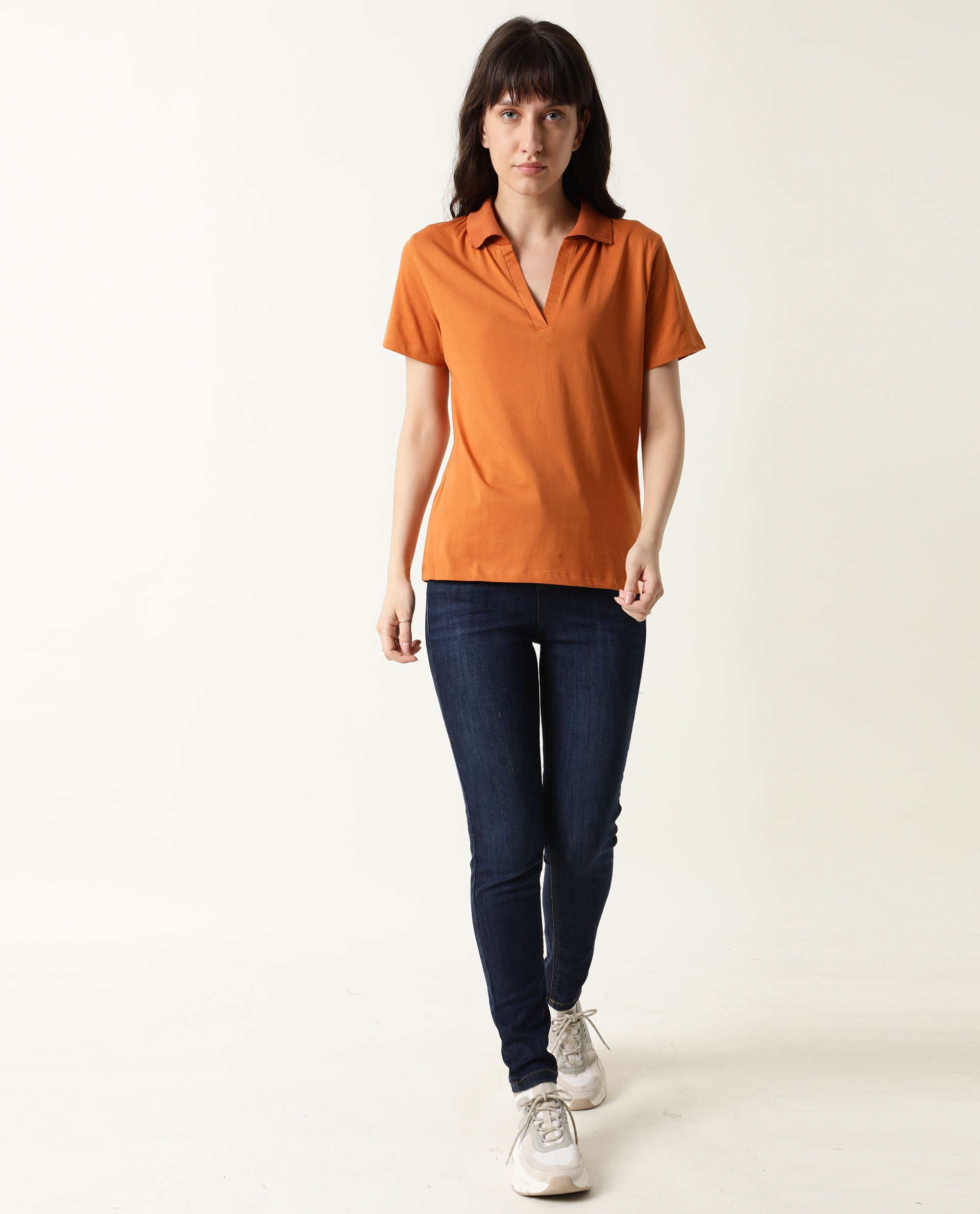 Rareism Womens Candid Orange Polo Cotton Fabric Regular Fit Half Sleeve Collared Neck
