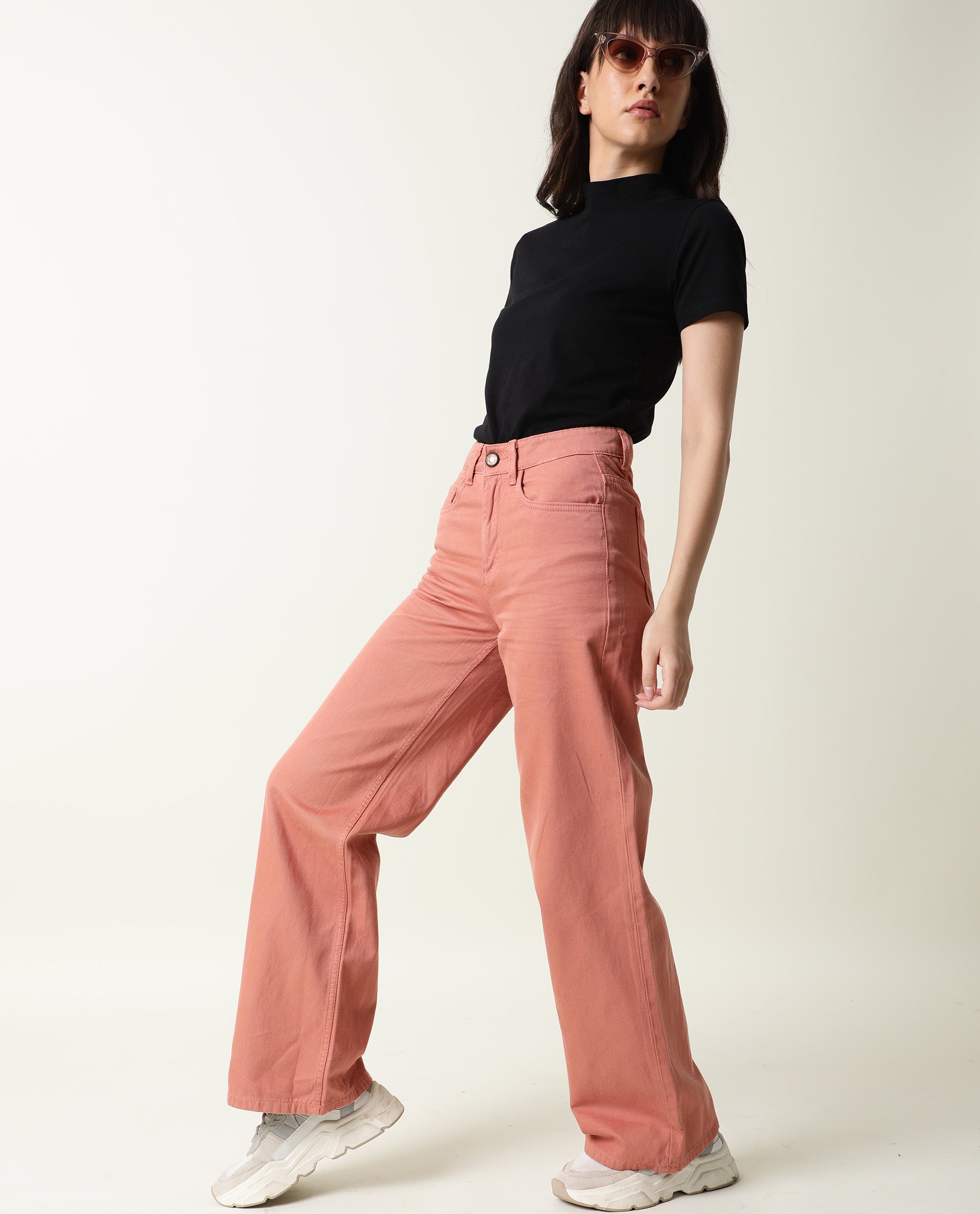 Rareism Women Ginno Light Peach Cotton Fabric Regular Fit Mid Rise Solid Ankle Length Trousers