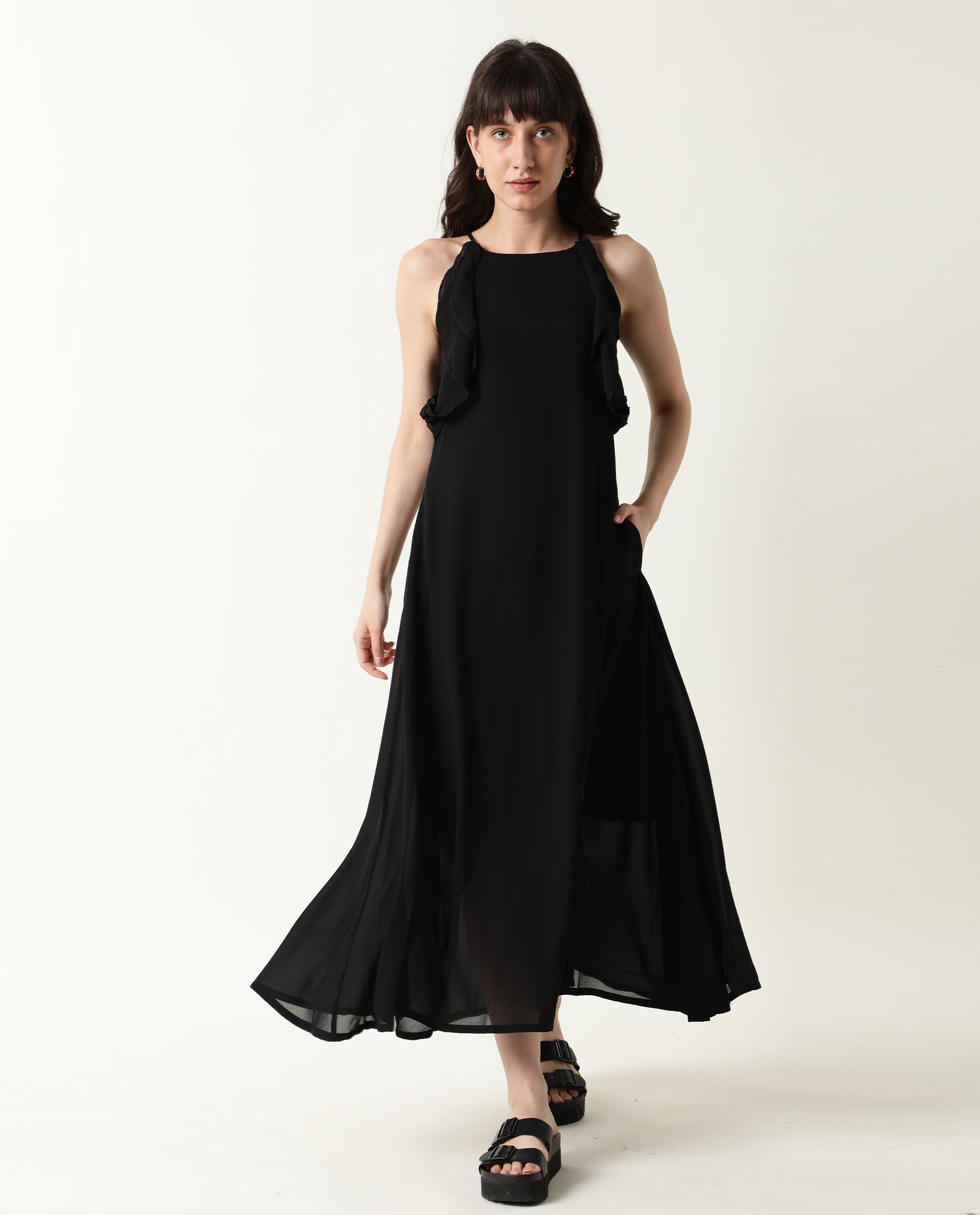 Rareism Women Decora Black Round Neck Spaghetti Shoulder Straps With Ruffles And Pockets Maxi Dress
