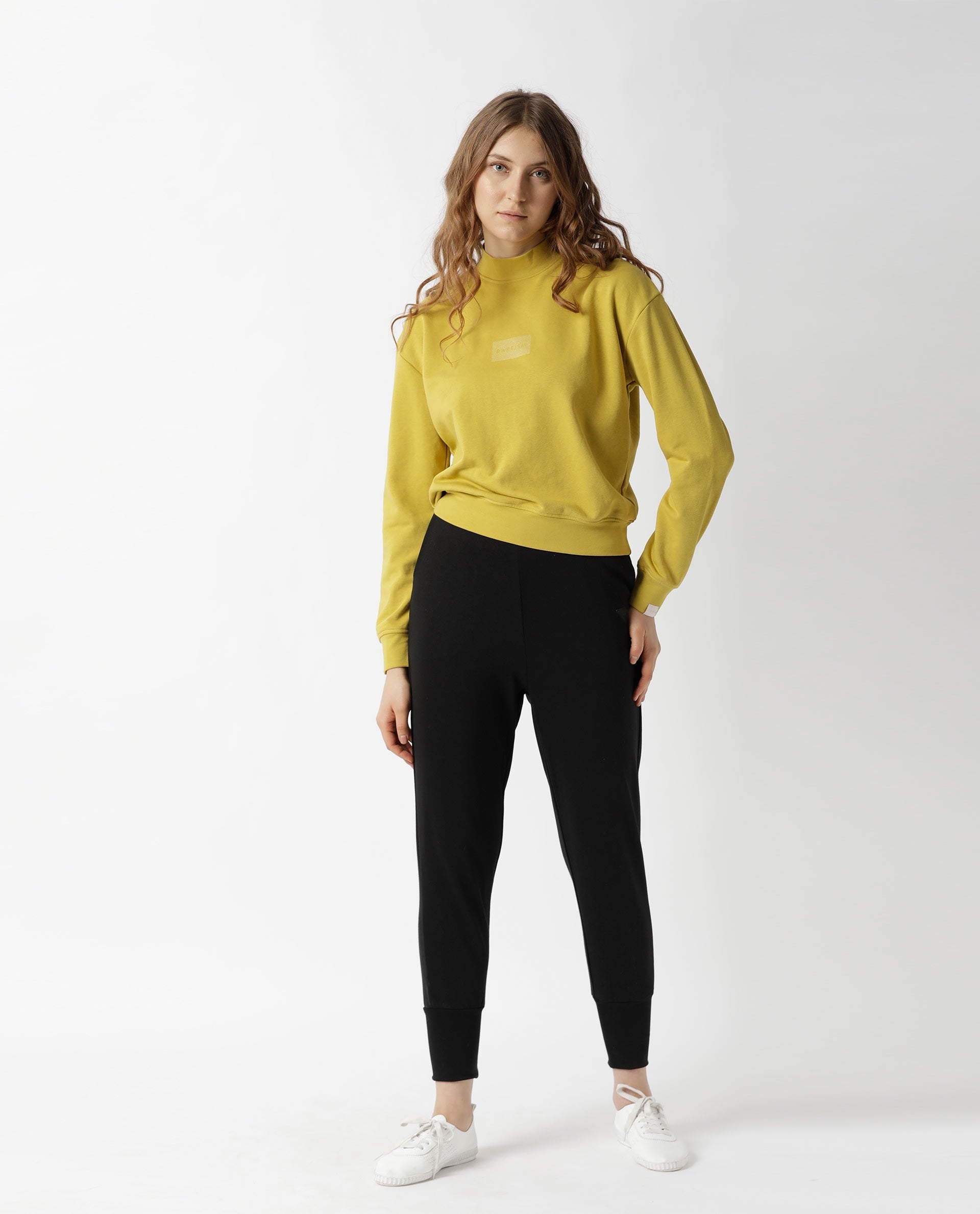 Rareism Women's Hectare Yellow Cotton Blend High Neck Plain Relaxed Fit Sweatshirt