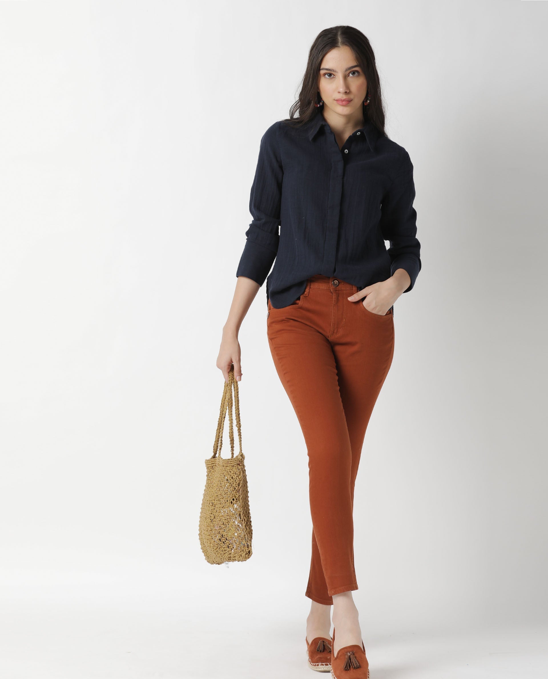 Rareism Womens Lock Navy Top Cotton Fabric Regular Fit Cuffed Sleeve Collared Neck